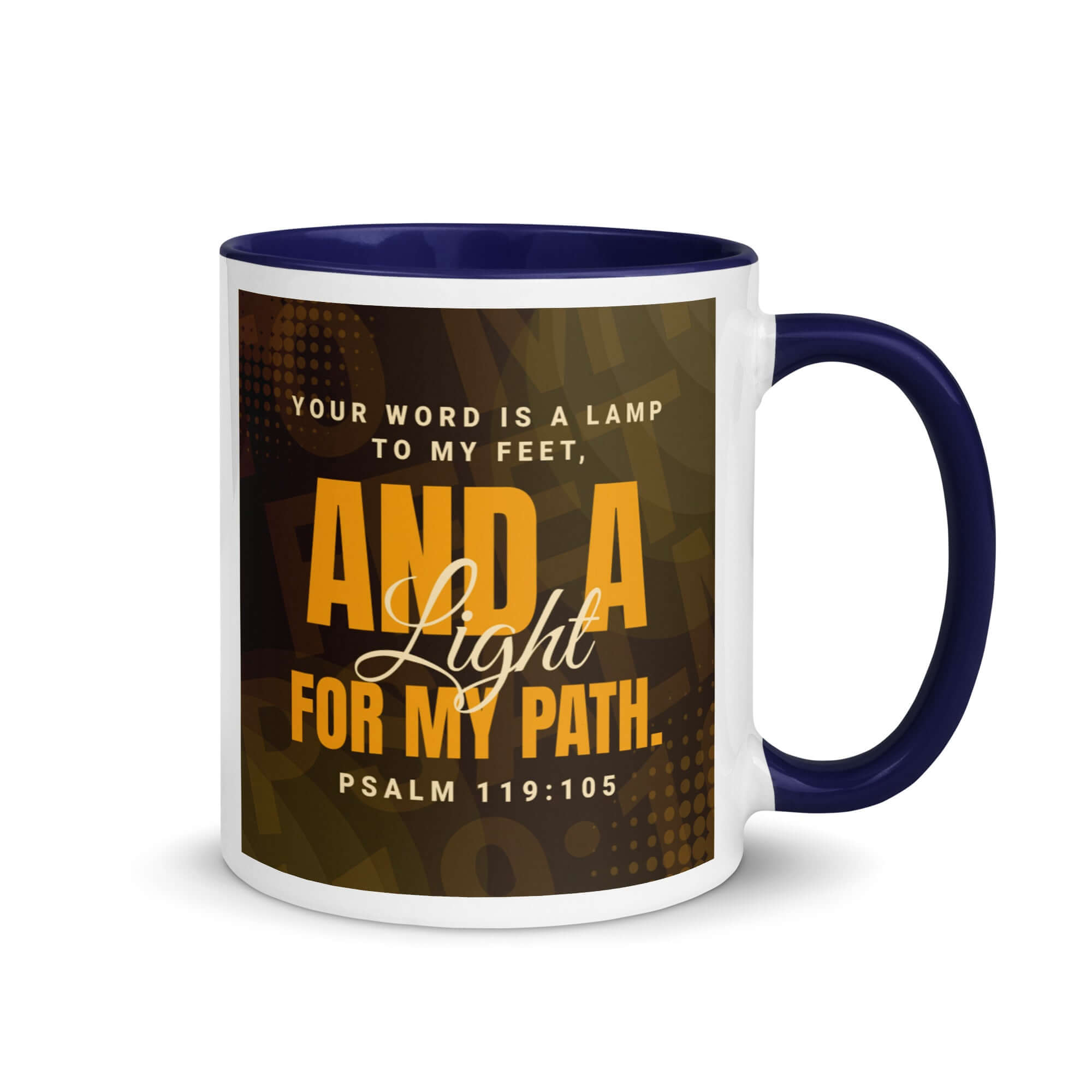 Psalm 119:105 Bible Verse, lamp to my feet White Ceramic Mug with Color Inside Dark Blue 11 oz