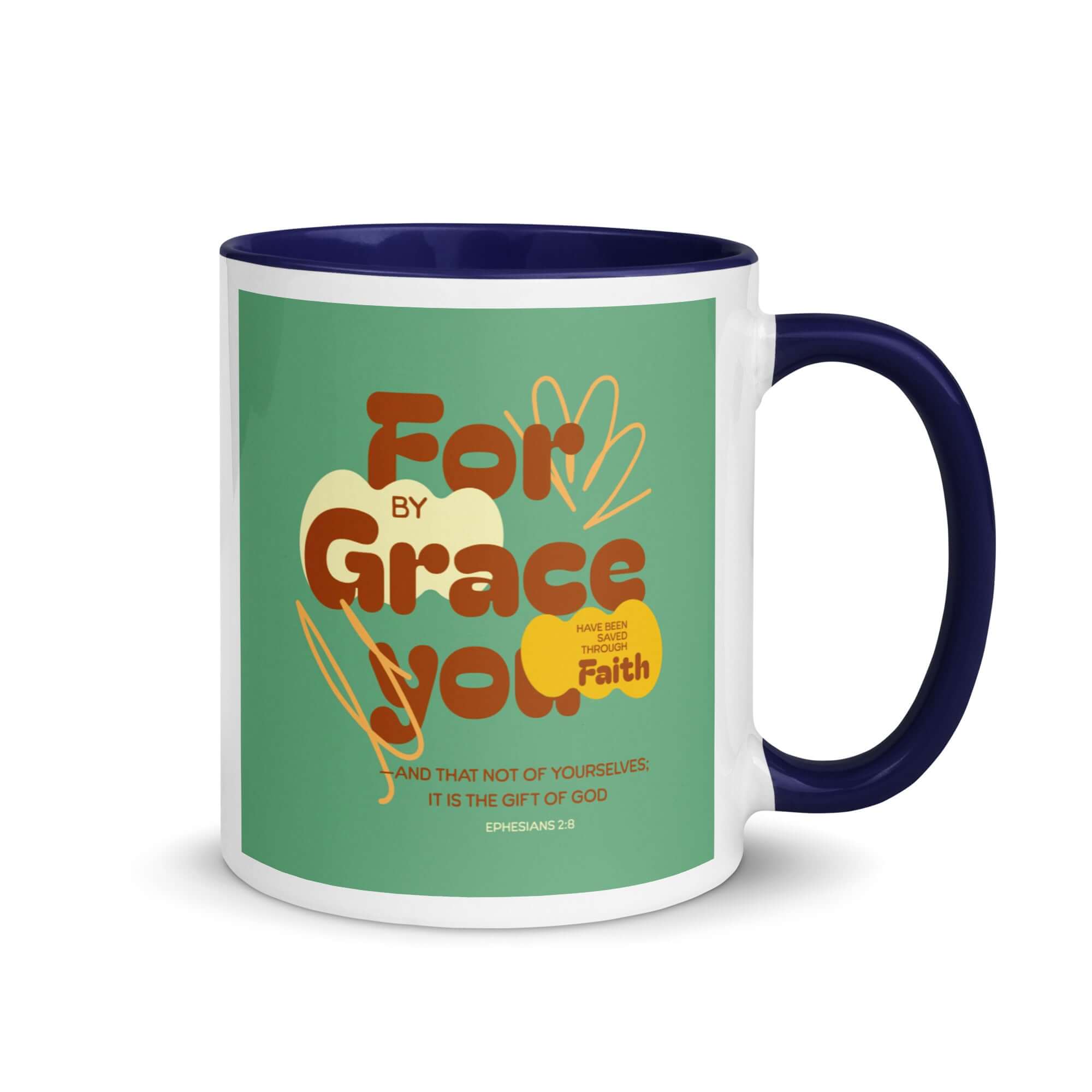 Ephesians 2:8 Bible Verse, for by grace White Ceramic Mug with Color Inside Dark Blue 11 oz