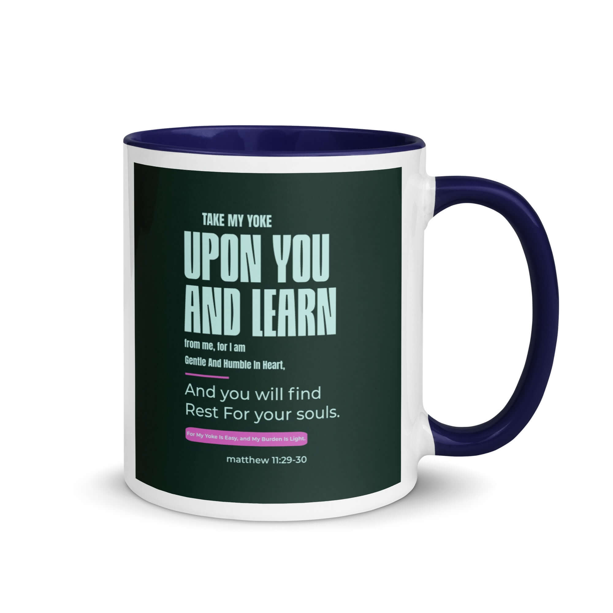 Matthew 11:29-30 Bible Verse, I am gentle White Ceramic Mug with Color Inside Dark Blue 11 oz