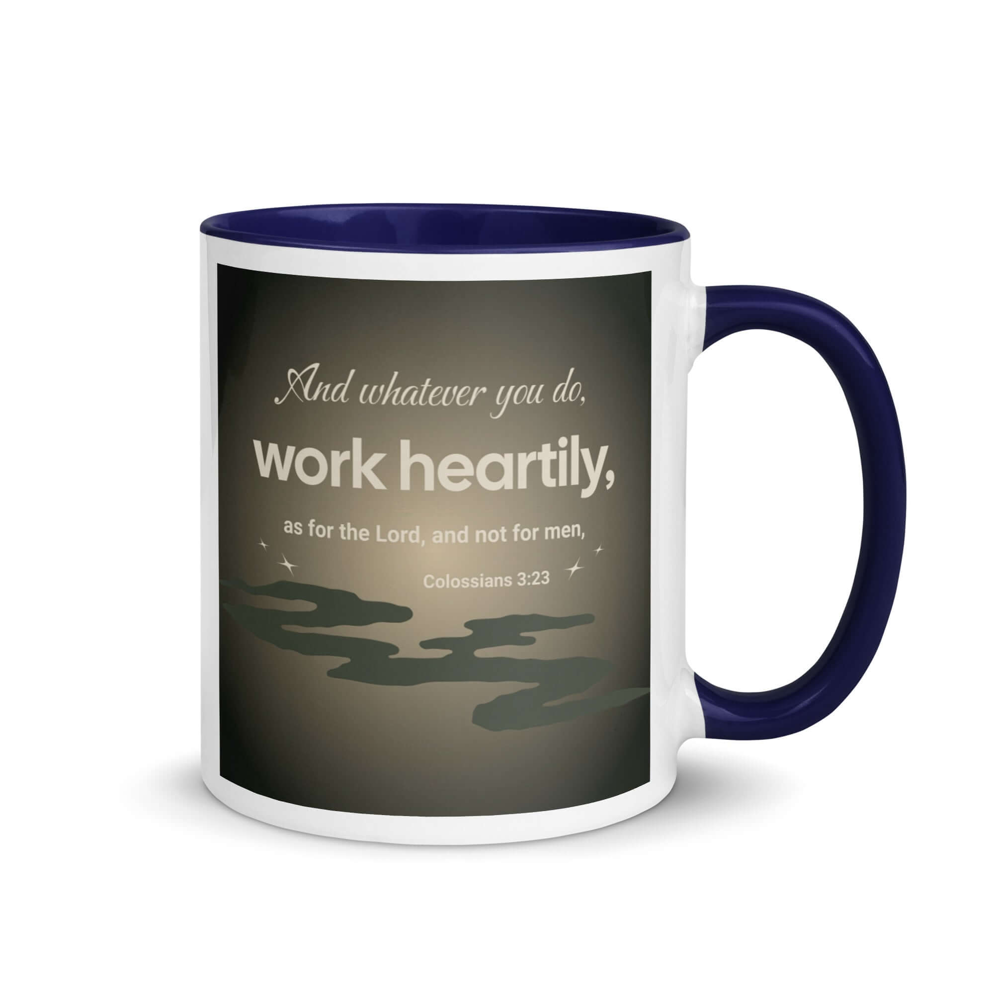 Colossians 3:23 Bible Verse, as for the Lord White Ceramic Mug with Color Inside Dark Blue 11 oz