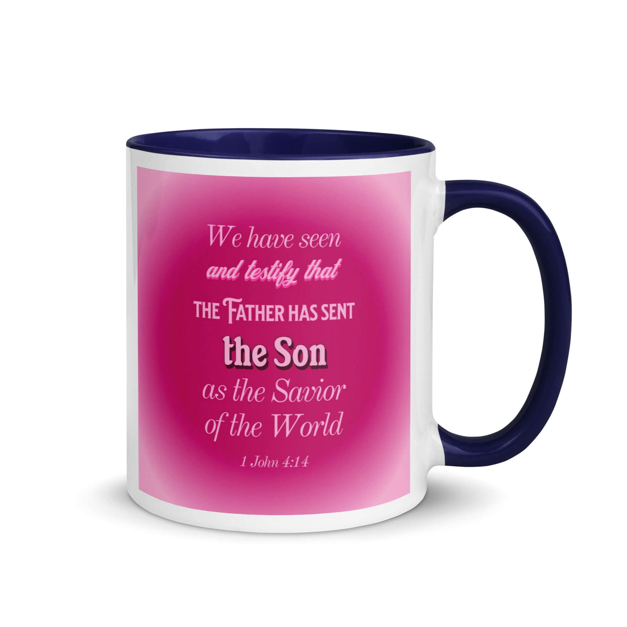 1 John 4:14 Bible Verse, that the Father White Ceramic Mug with Color Inside Dark Blue 11 oz