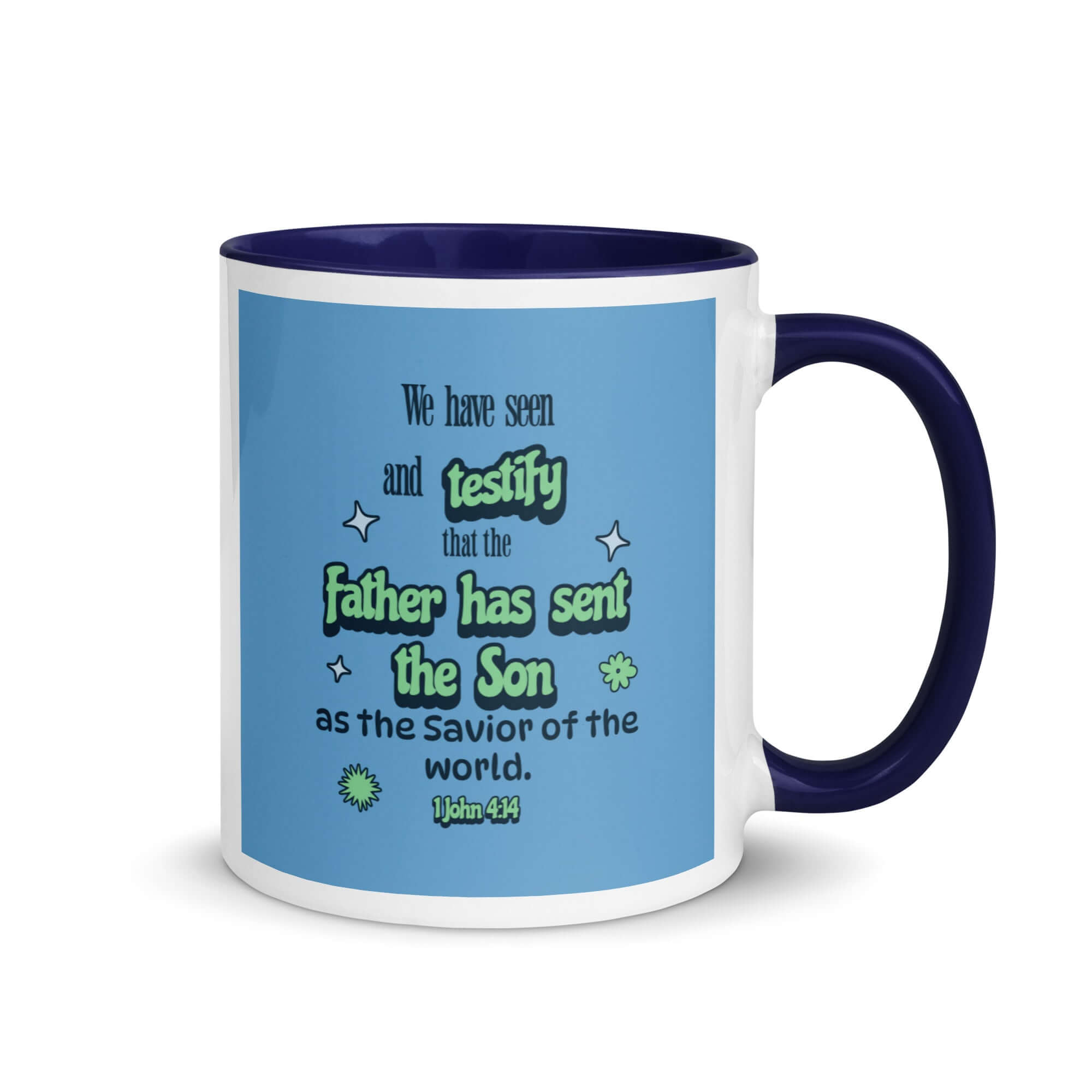 1 John 4:14 Bible Verse, sent the Son White Ceramic Mug with Color Inside Dark Blue 11 oz
