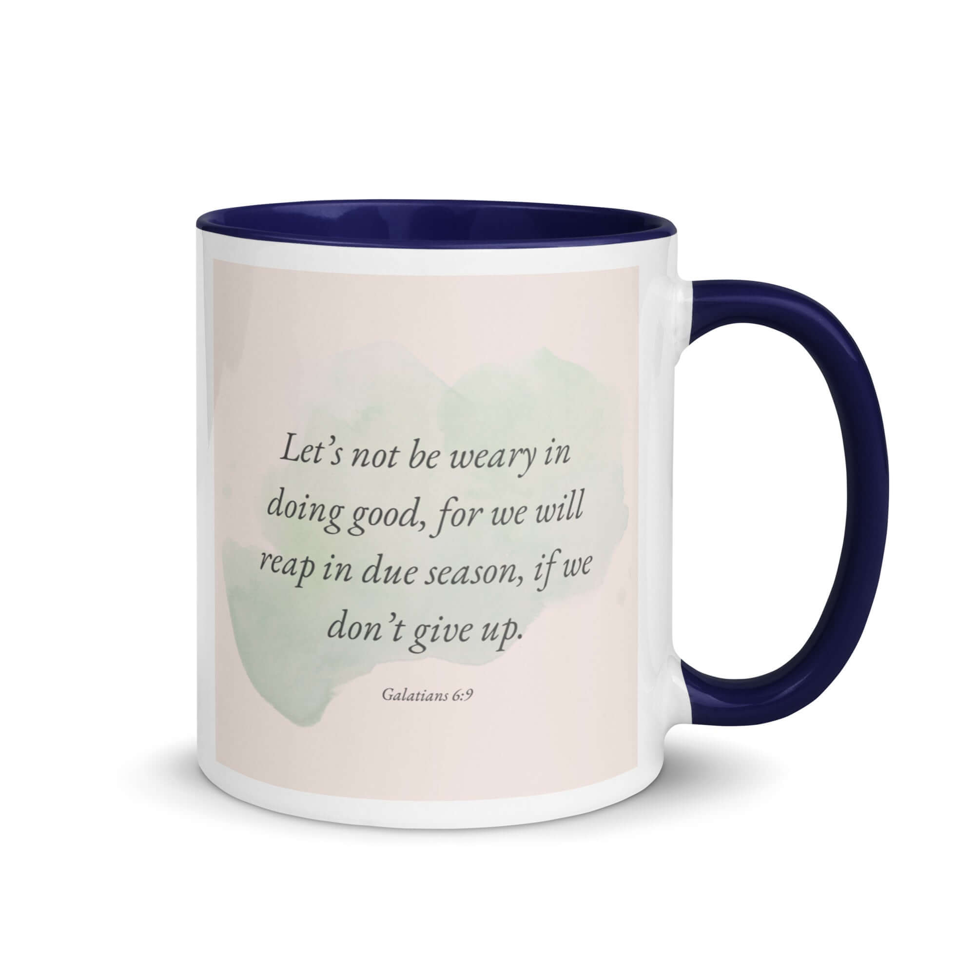 Galatians 6:9 Bible Verse, not be weary White Ceramic Mug with Color Inside Dark Blue 11 oz