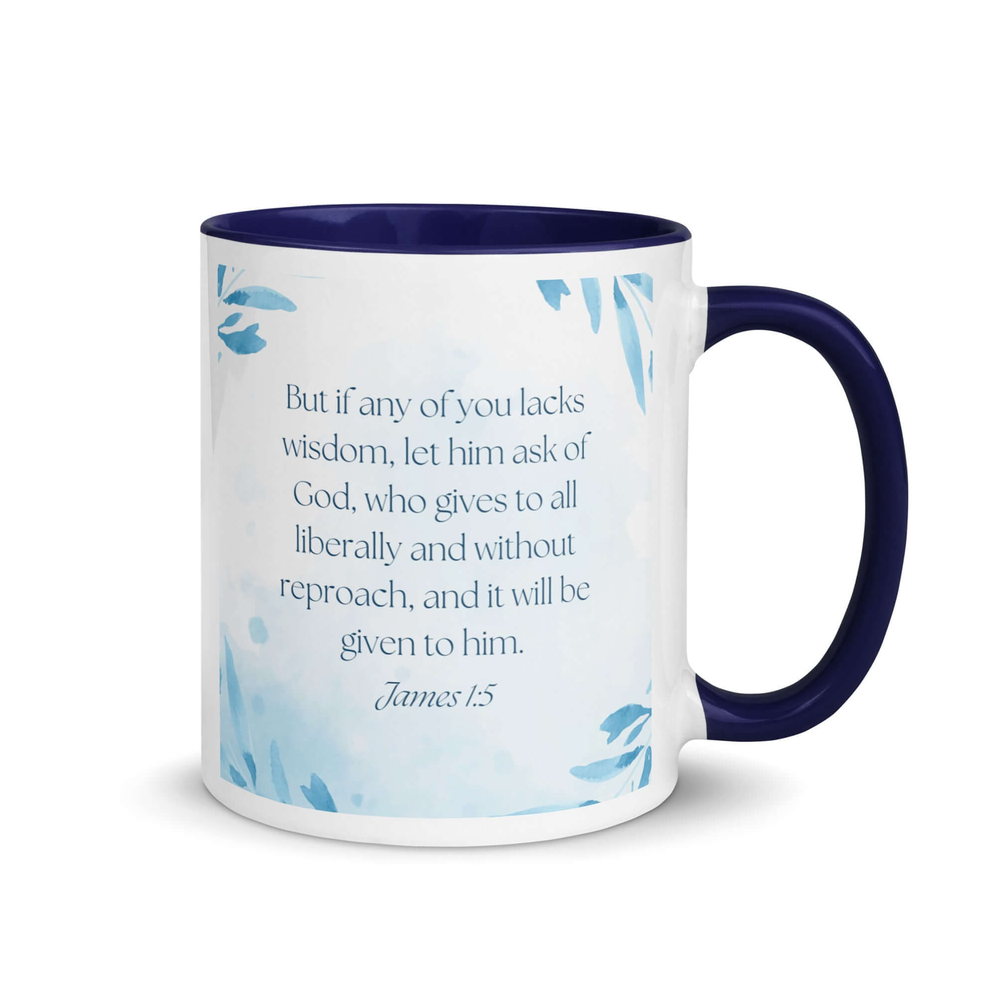 James 1:5 Bible Verse, lacks wisdom White Ceramic Mug with Color Inside Dark Blue 11 oz