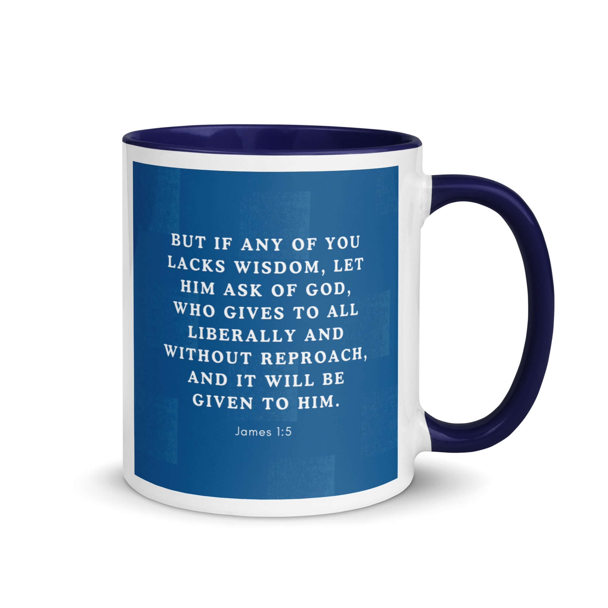 James 1:5 Bible Verse, gives to all White Ceramic Mug with Color Inside Dark Blue 11 oz