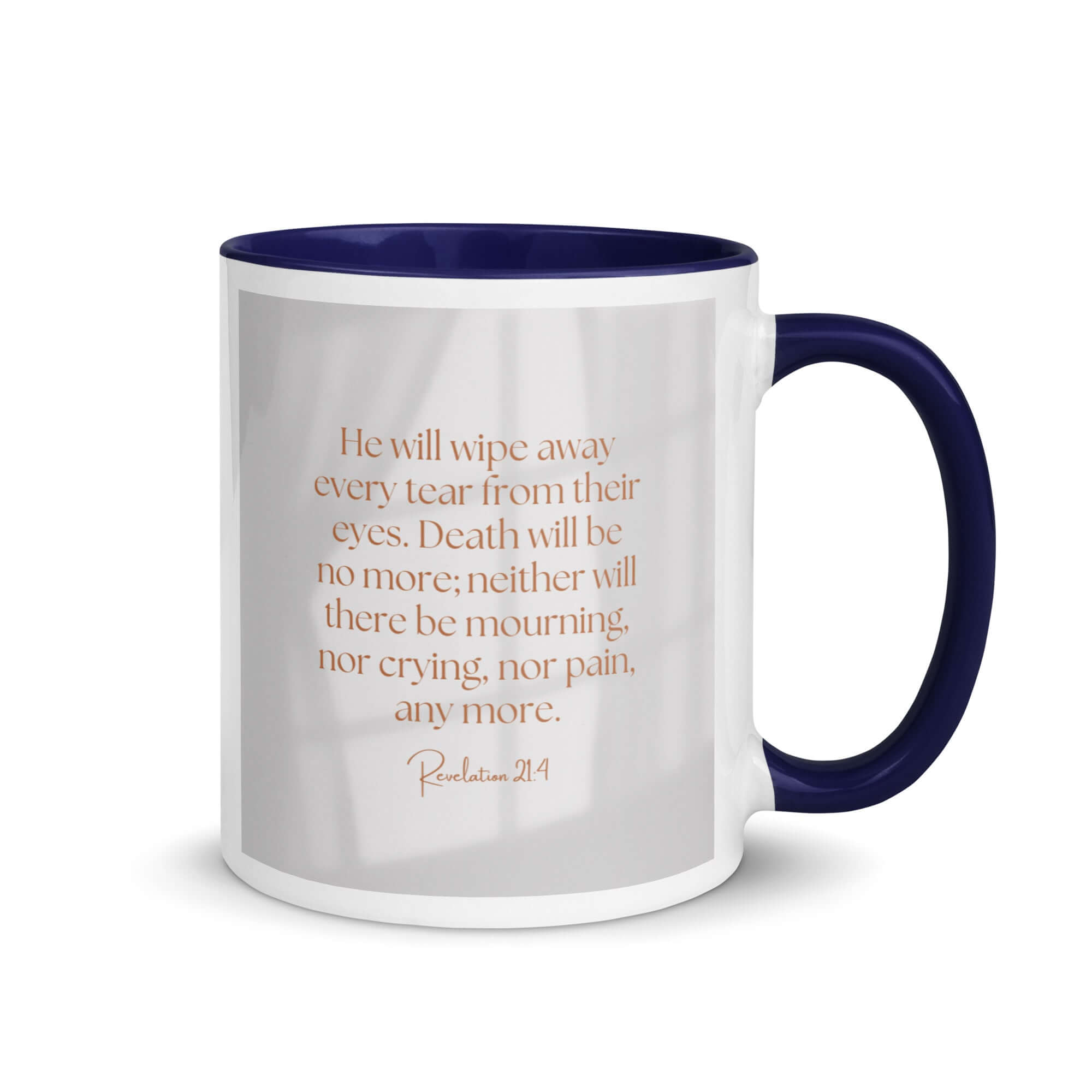 Revelation 21:4 Bible Verse, He will wipe White Ceramic Mug with Color Inside Dark Blue 11 oz