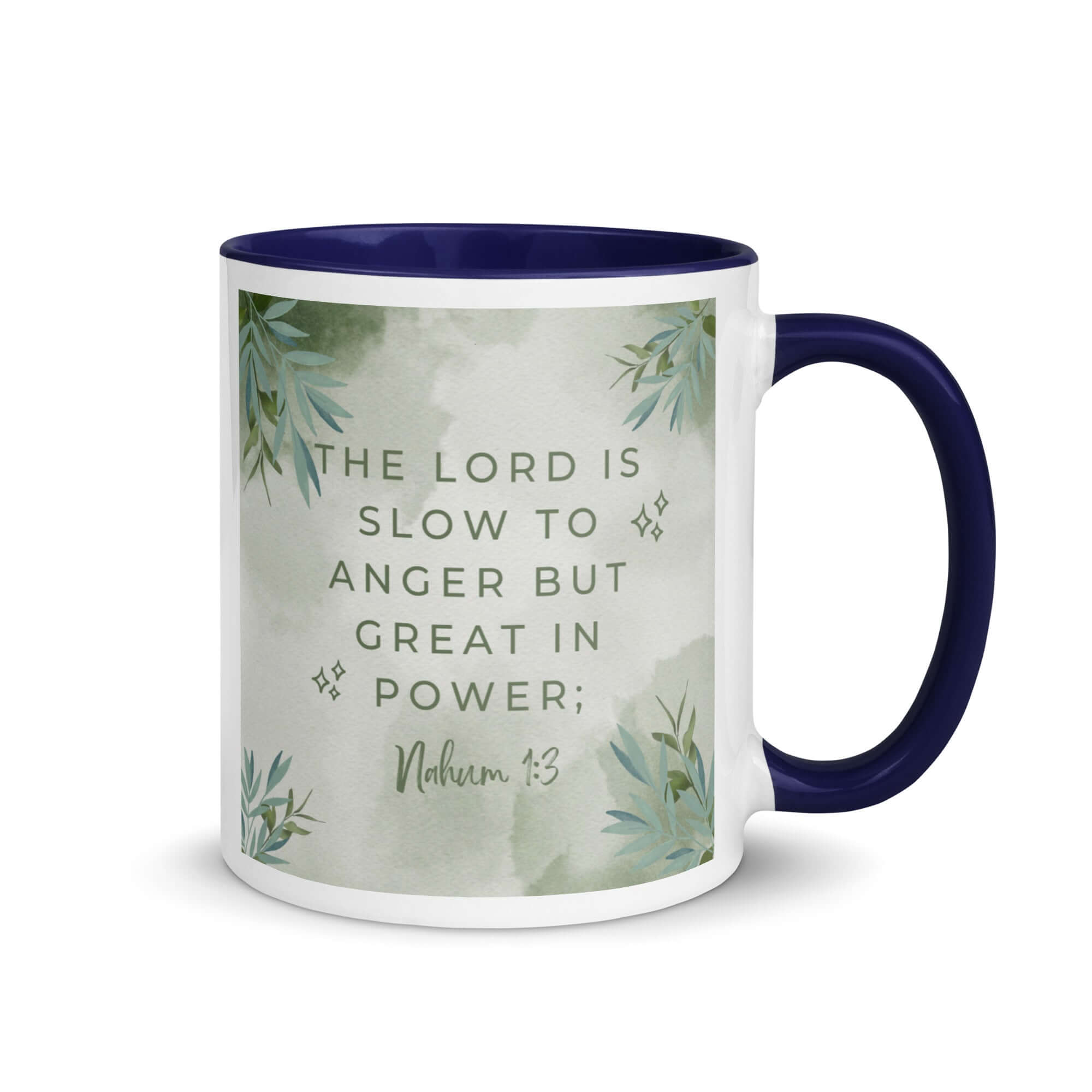 Nahum 1:3 Bible Verse, The Lord is slow White Ceramic Mug with Color Inside Dark Blue 11 oz