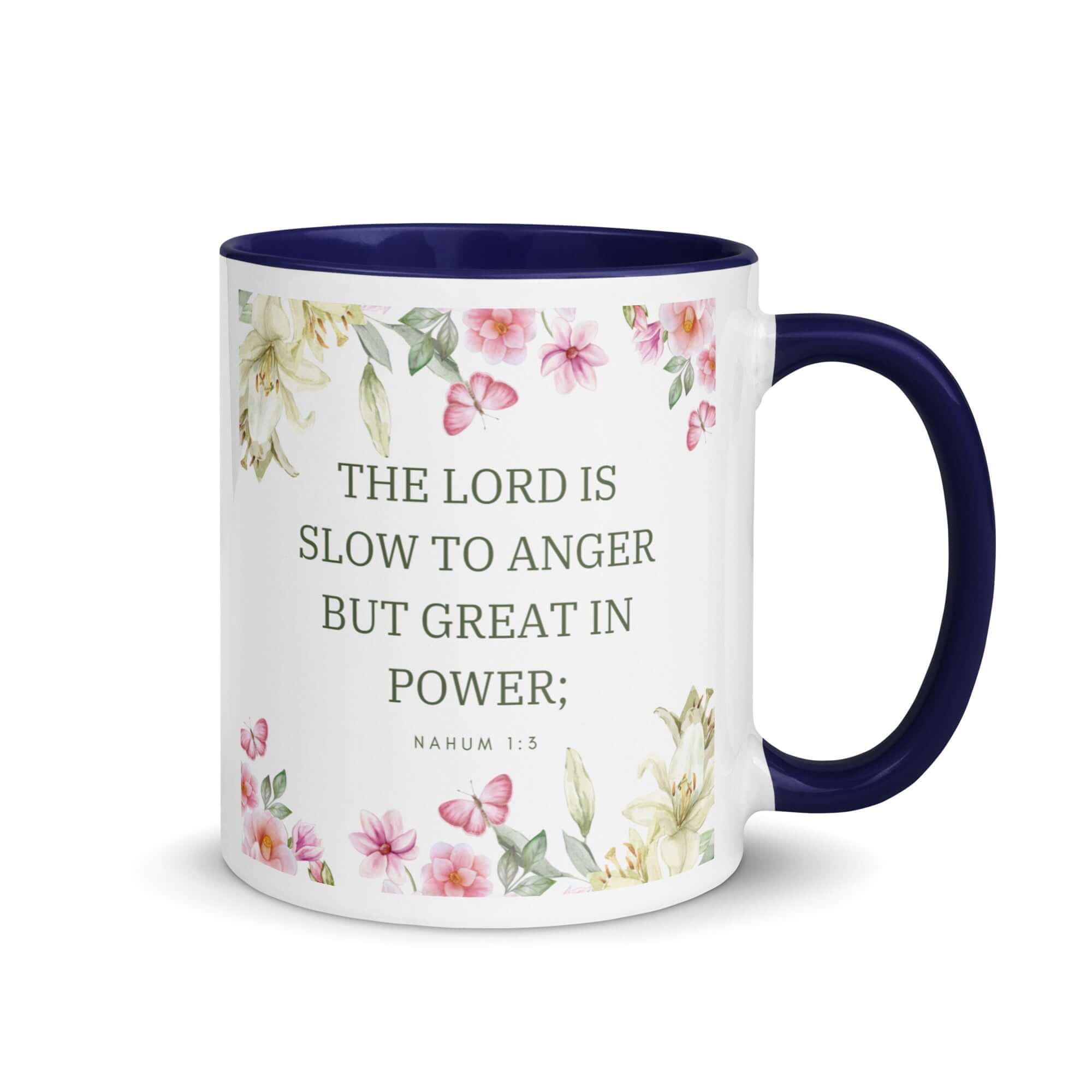 Nahum 1:3 Bible Verse, slow to anger White Ceramic Mug with Color Inside Dark Blue 11 oz