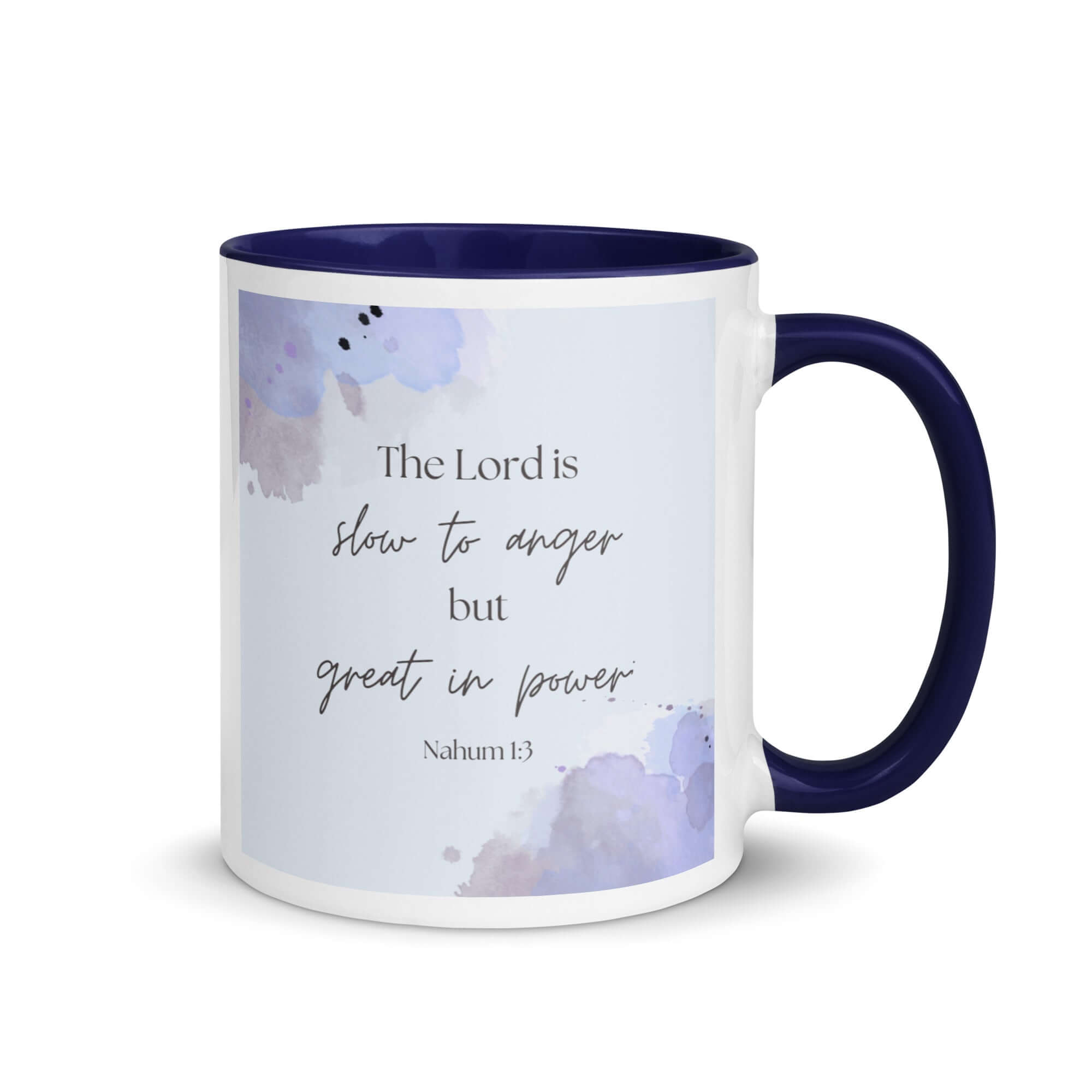 Nahum 1:3 Bible Verse, great in power White Ceramic Mug with Color Inside Dark Blue 11 oz