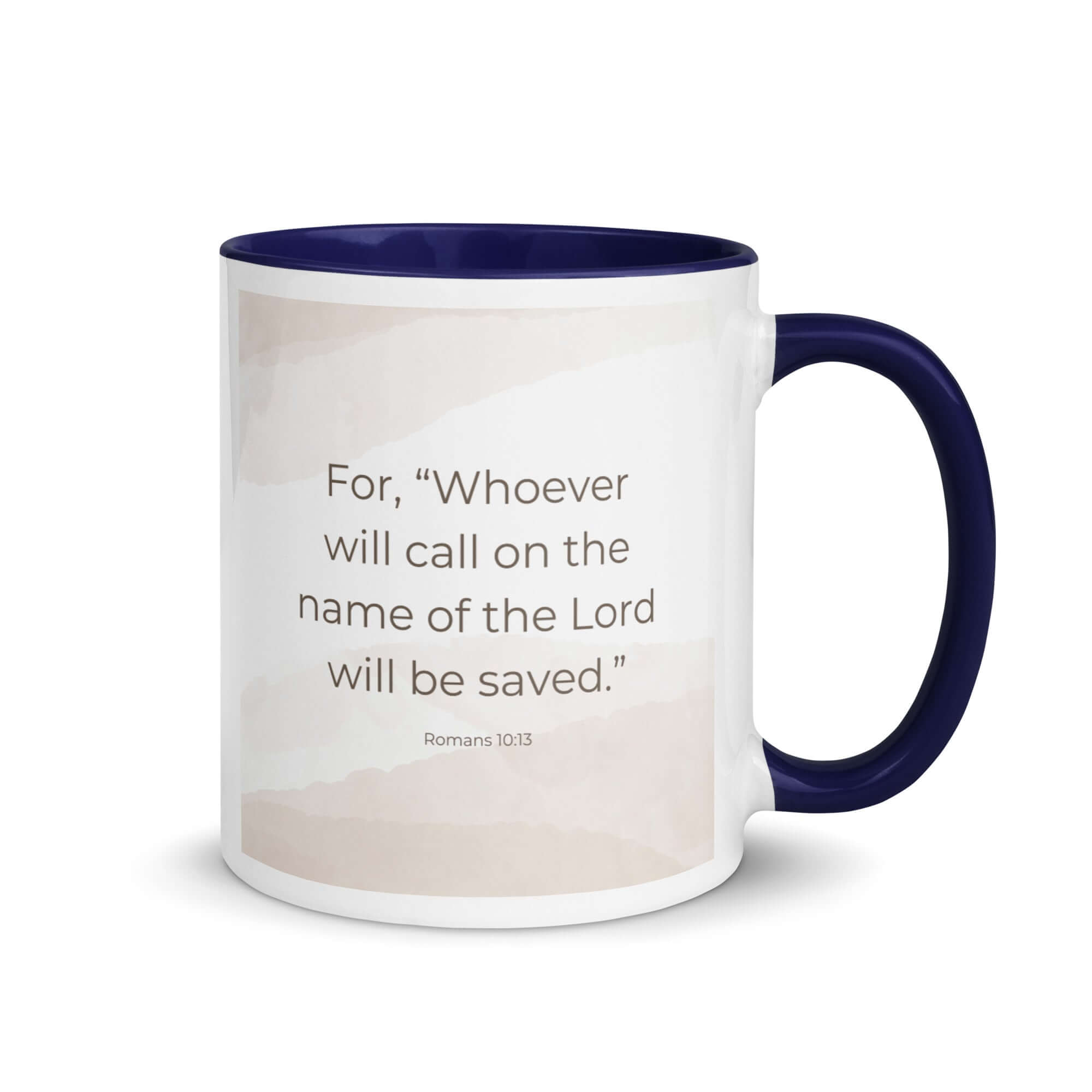Romans 10:13 Bible Verse, the name White Ceramic Mug with Color Inside Dark Blue 11 oz