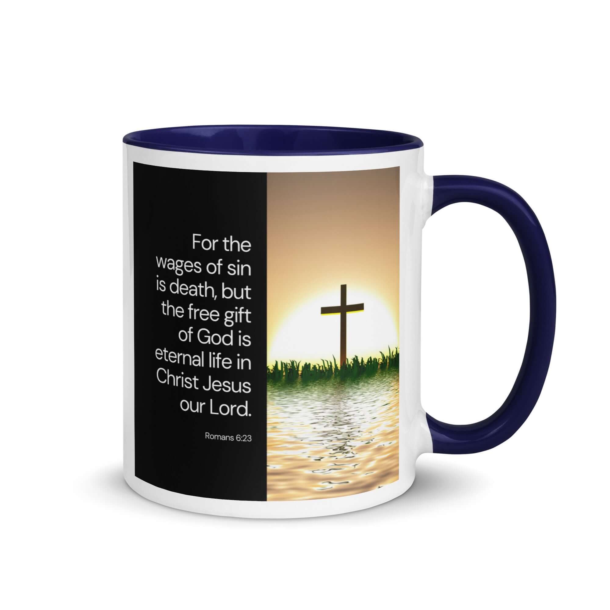 Romans 6:23 Bible Verse, the wages White Ceramic Mug with Color Inside Dark Blue 11 oz