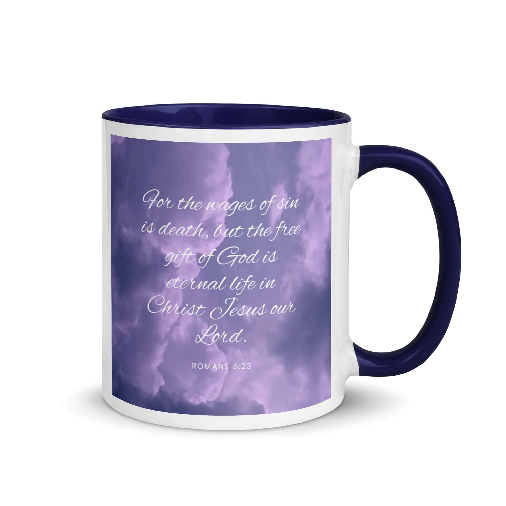 Romans 6:23 Bible Verse, free gift White Ceramic Mug with Color Inside Dark Blue 11 oz