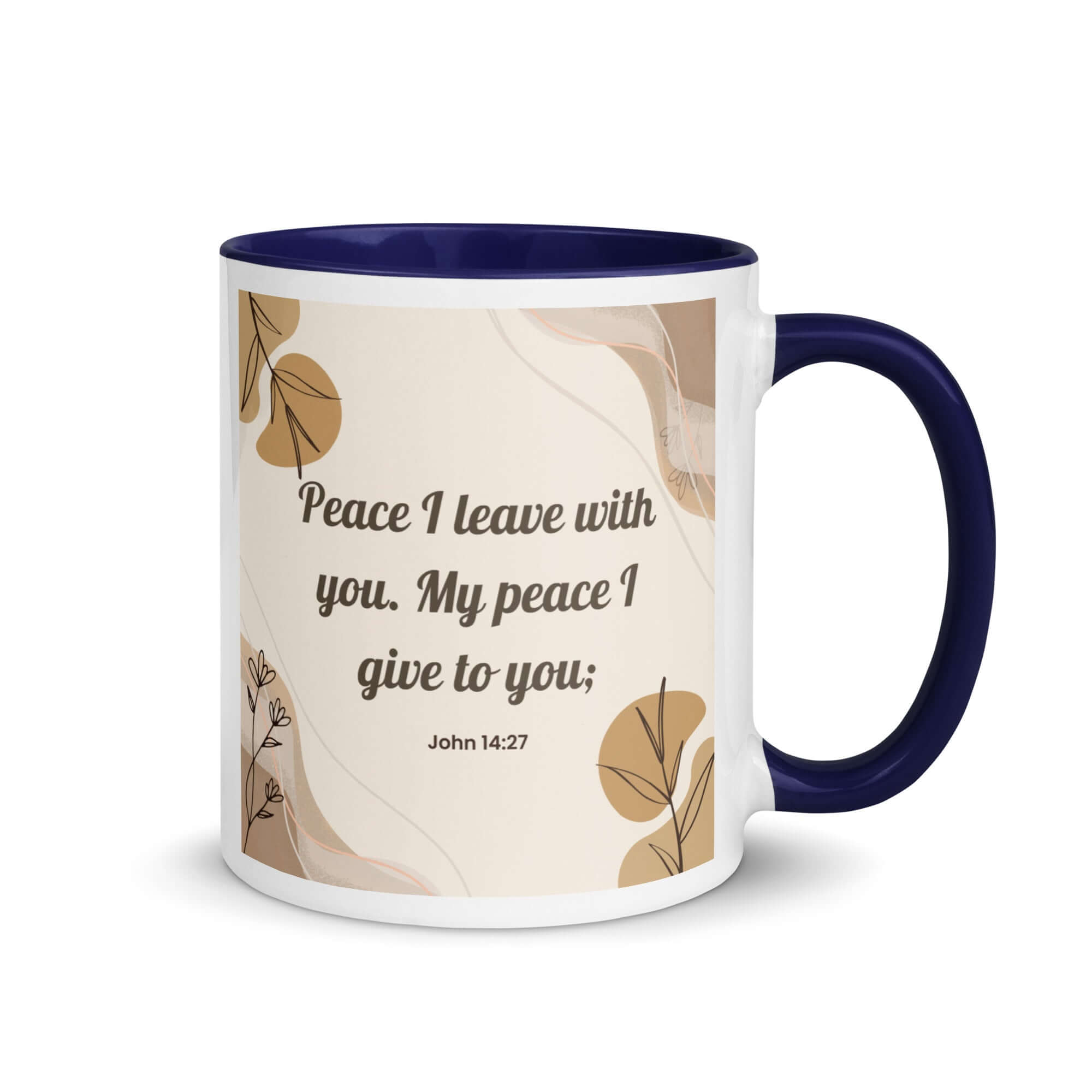 John 14:27 Bible Verse, Peace I White Ceramic Mug with Color Inside Dark Blue 11 oz