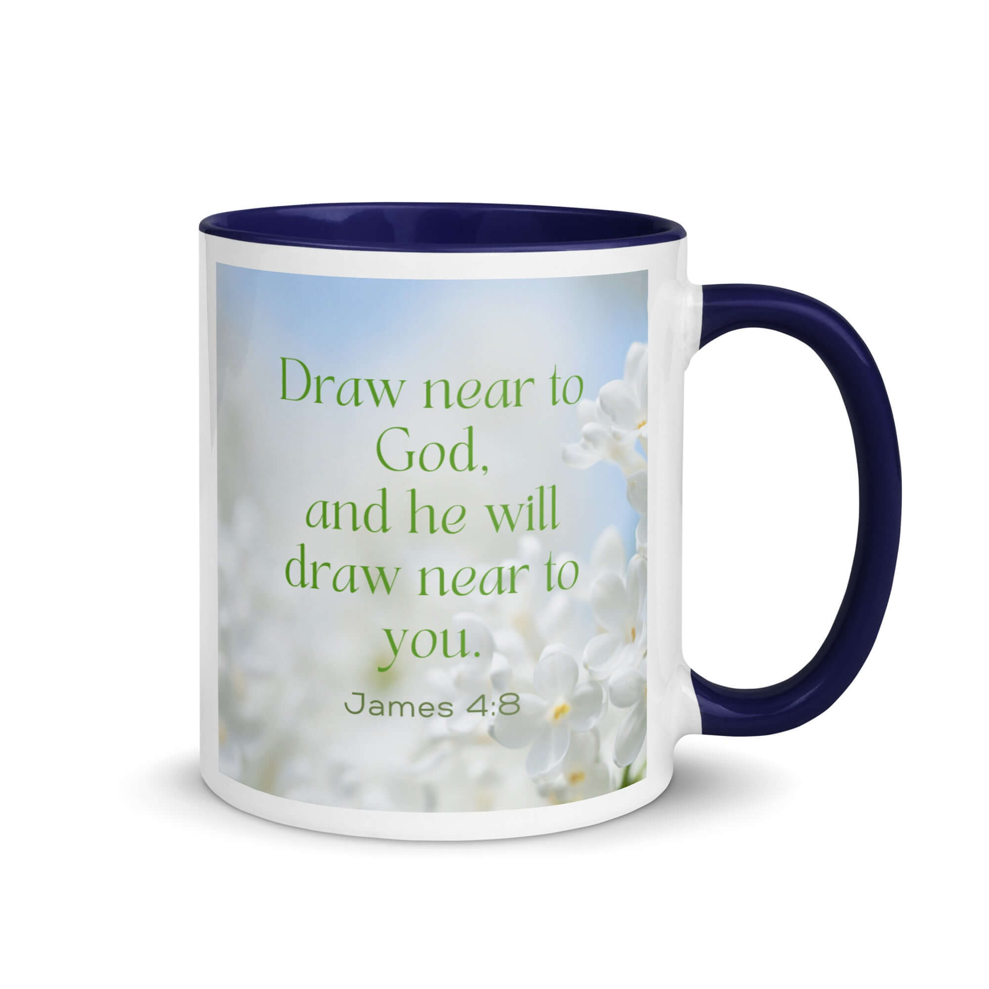 James 4:8 Bible Verse, Draw near White Ceramic Mug with Color Inside Dark Blue 11 oz