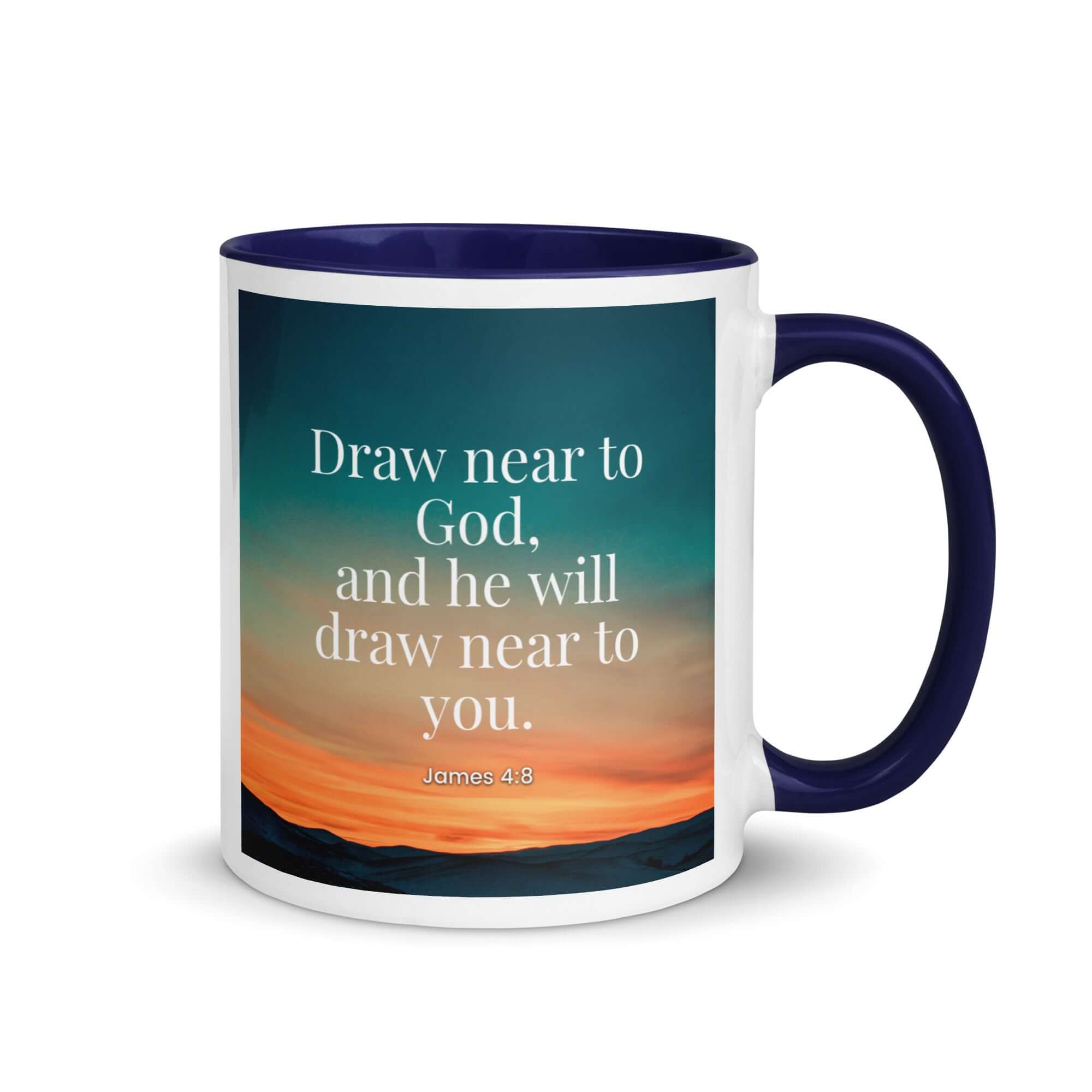James 4:8 Bible Verse, near to God White Ceramic Mug with Color Inside Dark Blue 11 oz