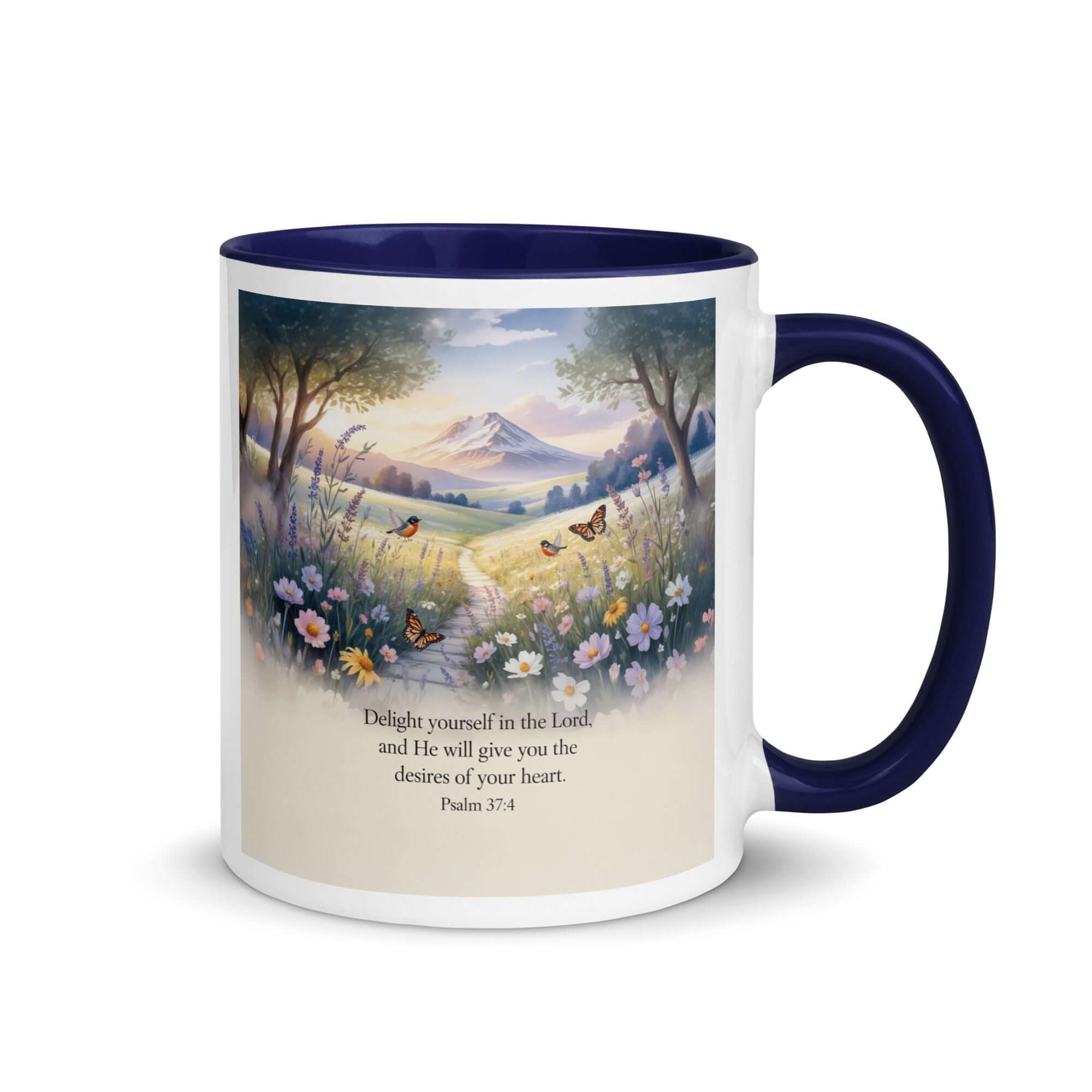 Psalm 37:4 Bible Verse, Delight White Ceramic Mug with Color Inside Dark Blue 11 oz