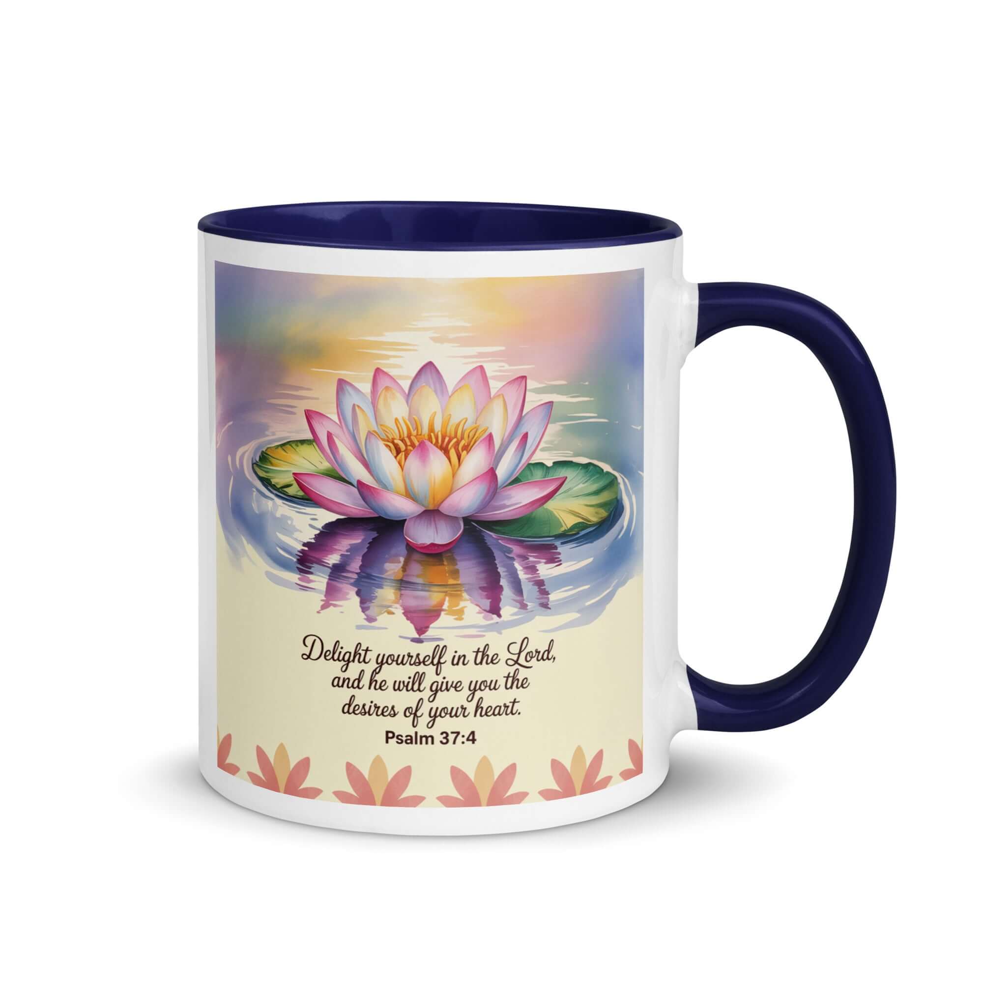 Psalm 37:4 Bible Verse, the Lord White Ceramic Mug with Color Inside Dark Blue 11 oz