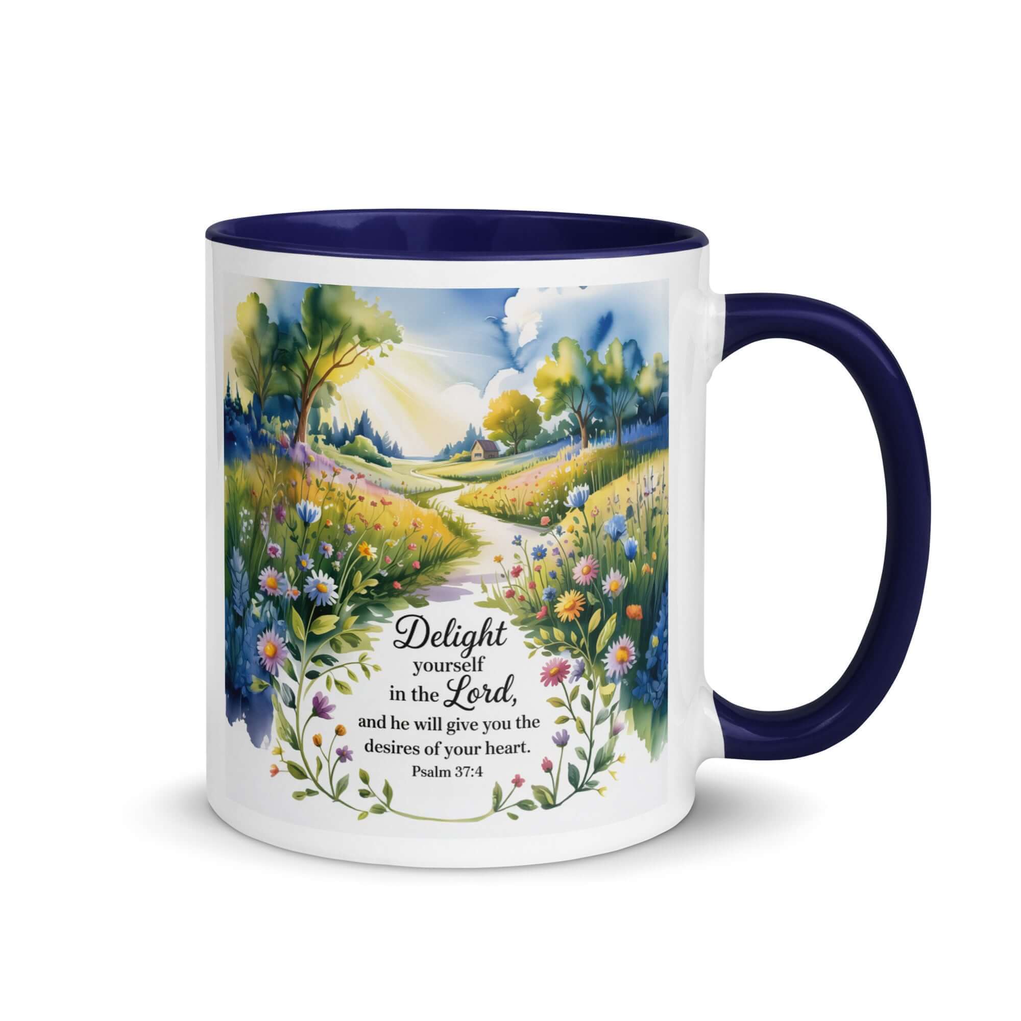 Psalm 37:4 Bible Verse, desires White Ceramic Mug with Color Inside Dark Blue 11 oz