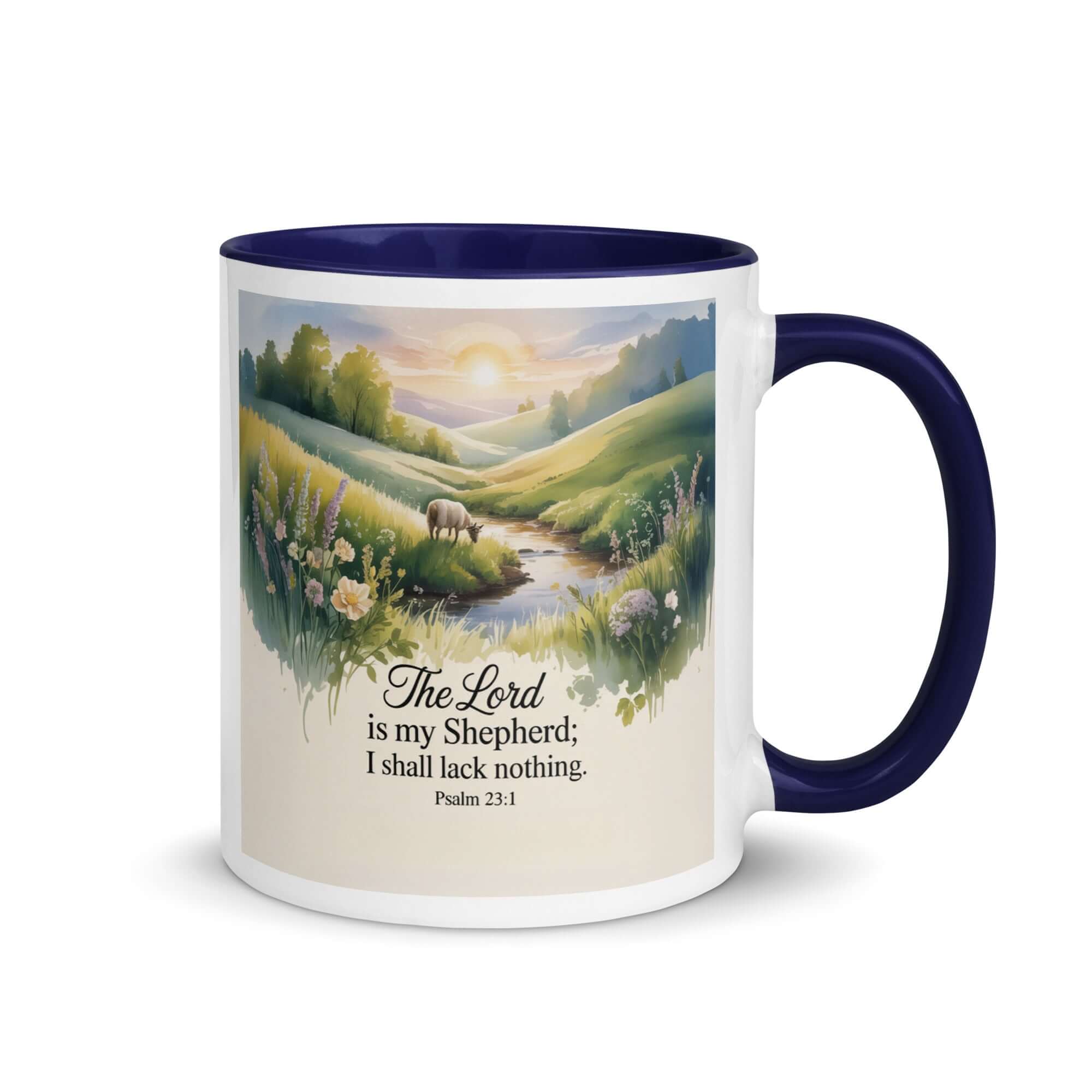 Psalm 23:1 Bible Verse, Lord White Ceramic Mug with Color Inside Dark Blue 11 oz