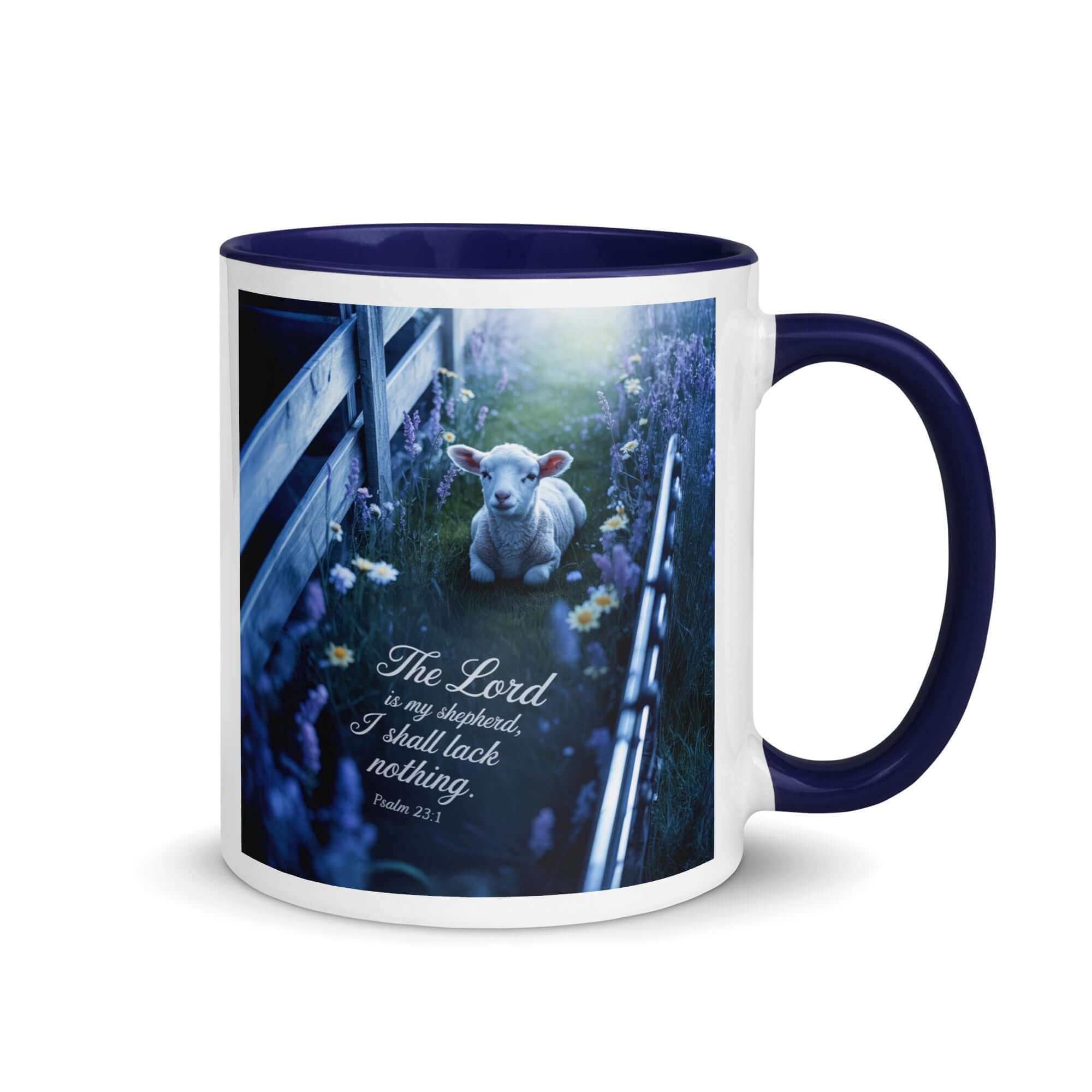 Psalm 23:1 Bible Verse, Shepherd White Ceramic Mug with Color Inside Dark Blue 11 oz