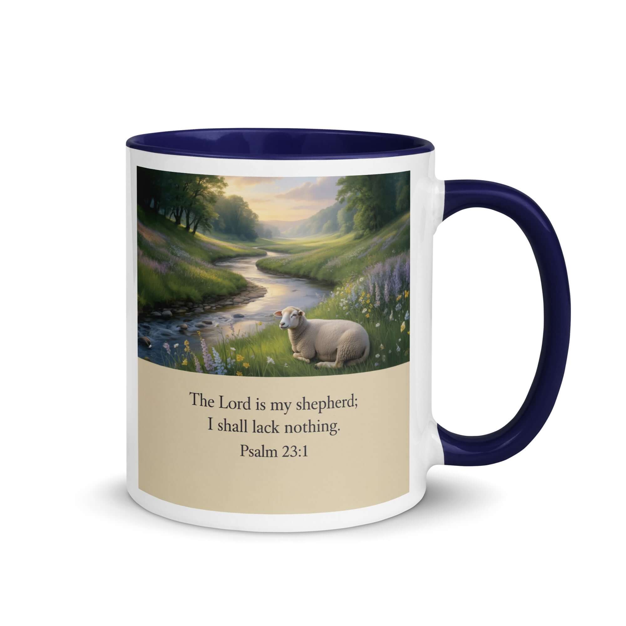 Psalm 23:1 Bible Verse, I shall White Ceramic Mug with Color Inside Dark Blue 11 oz