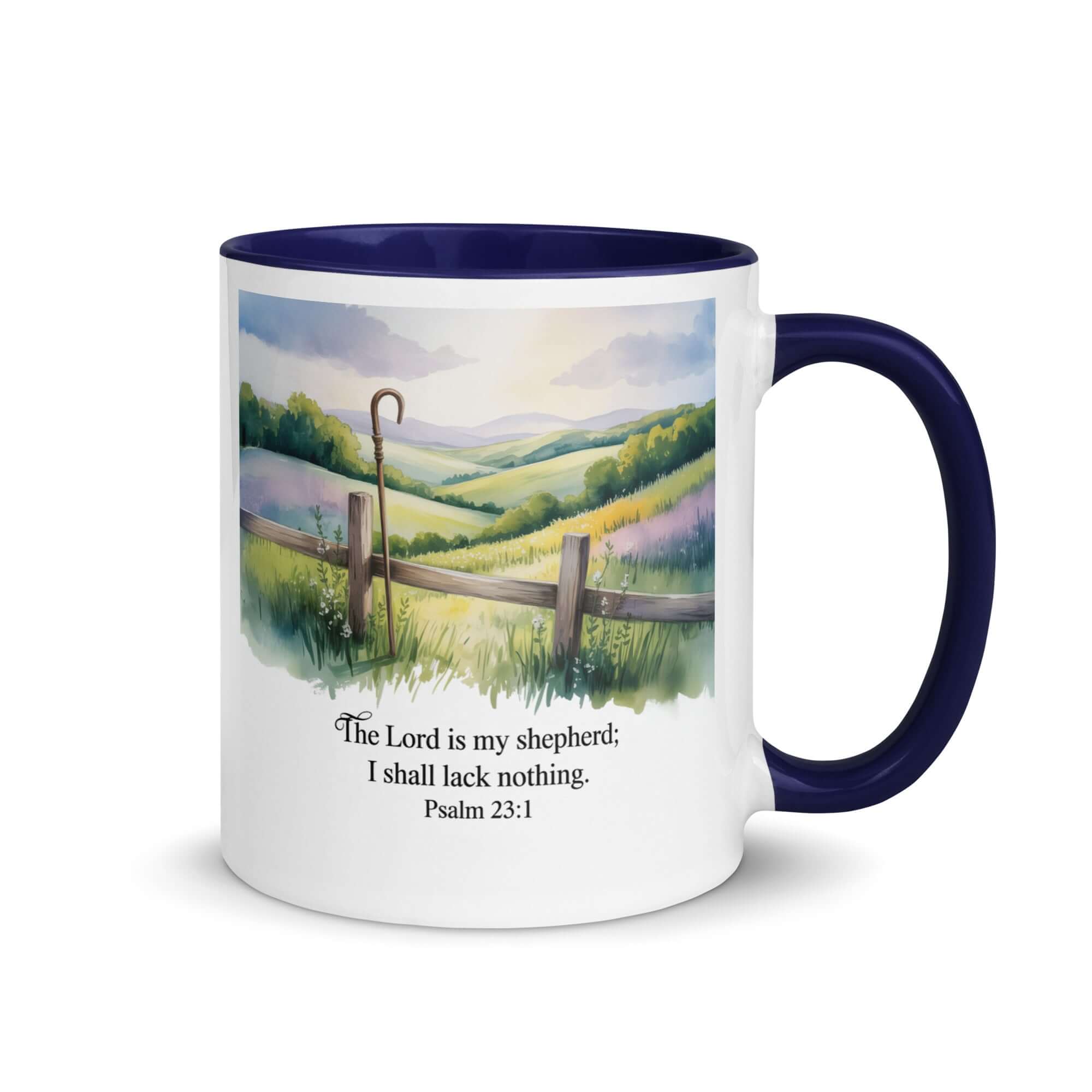 Psalm 23:1 Bible Verse, Lack White Ceramic Mug with Color Inside Dark Blue 11 oz