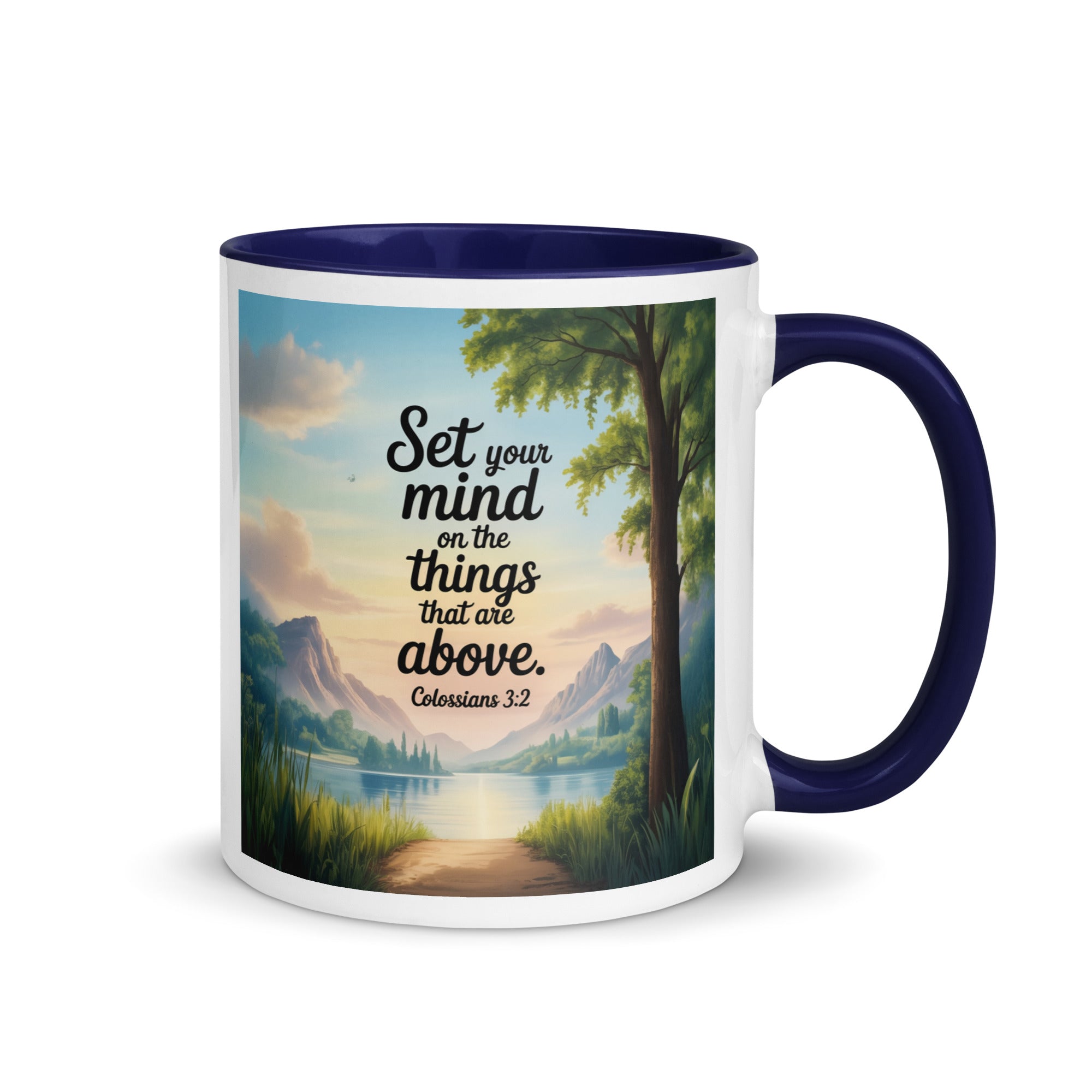 Colossians 3:2 Bible Verse Set White Ceramic Mug with Color Inside Dark Blue 11 oz