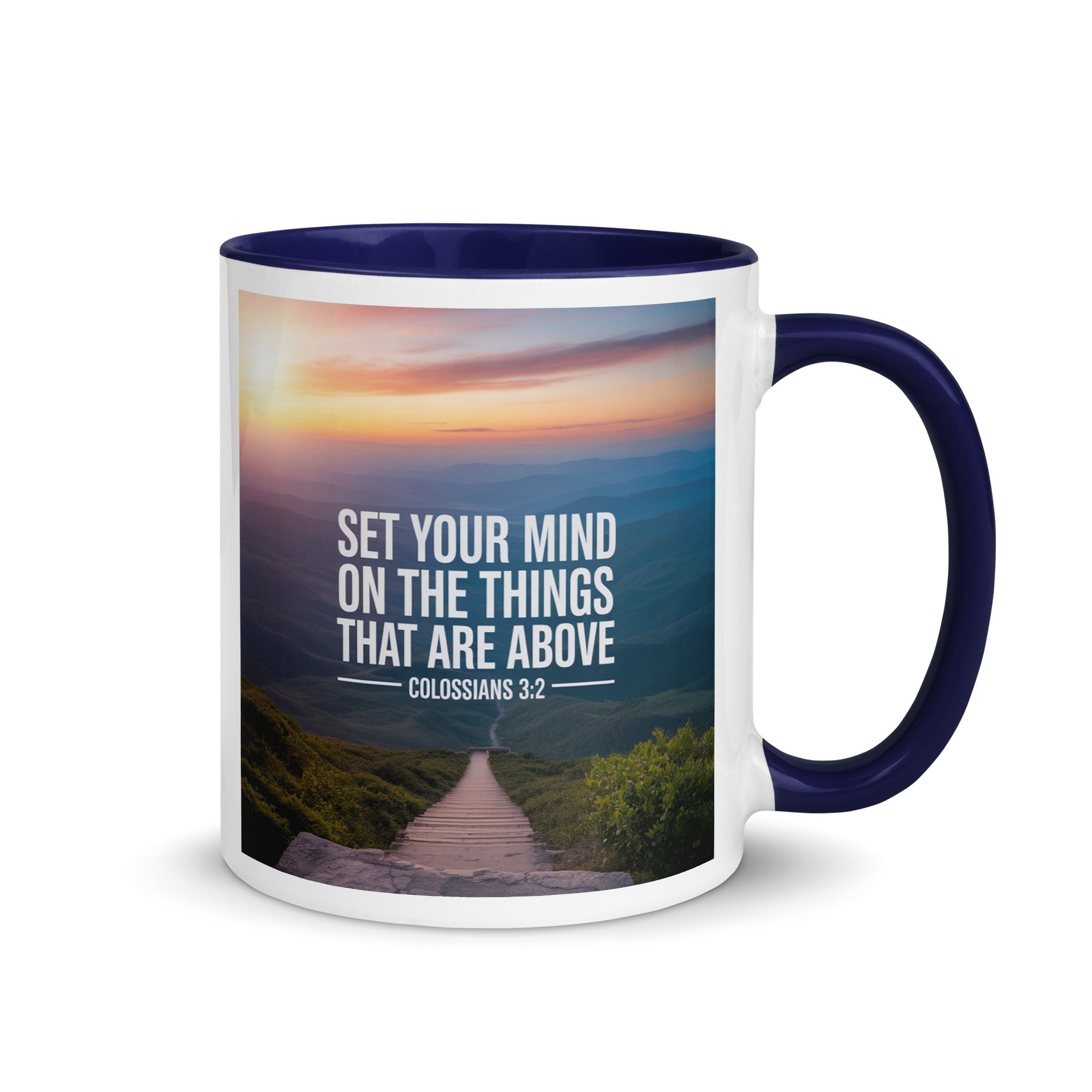 Colossians 3:2 Bible Verse your mind White Ceramic Mug with Color Inside Dark Blue 11 oz