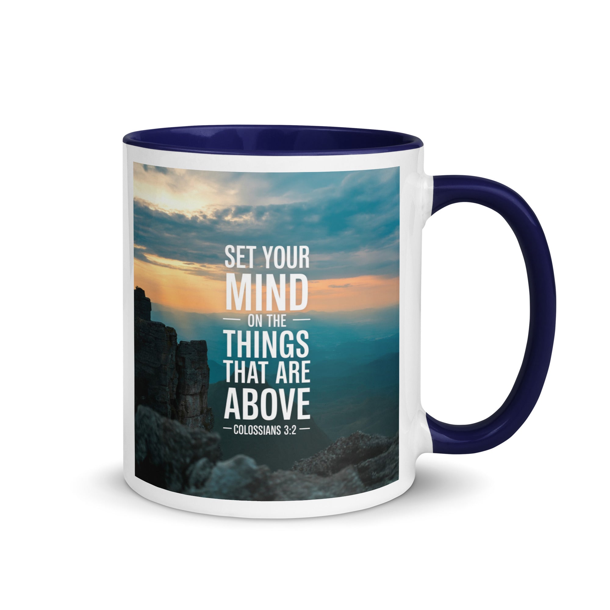 Colossians 3:2 Bible Verse on the White Ceramic Mug with Color Inside Dark Blue 11 oz