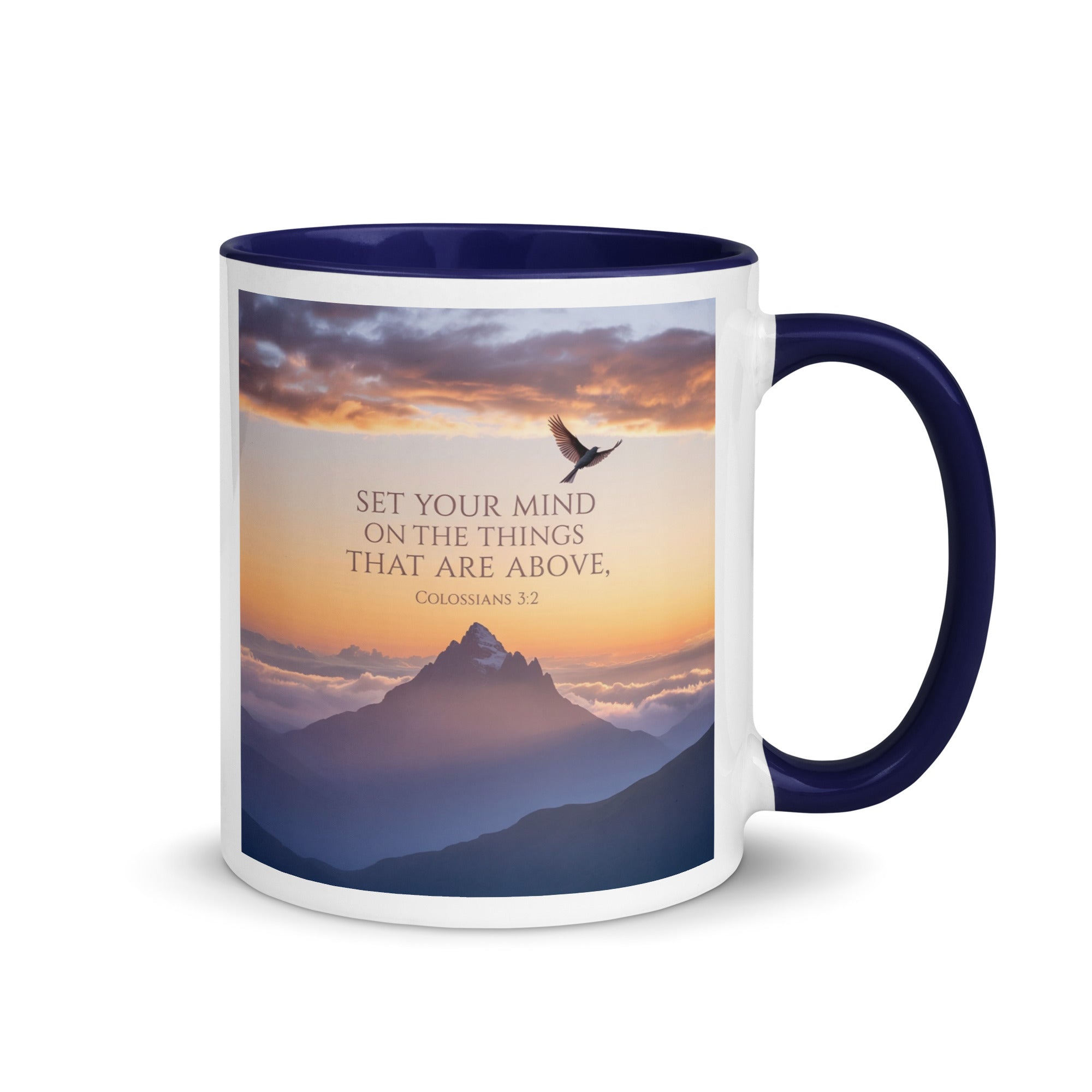 Colossians 3:2 Bible Verse are above White Ceramic Mug with Color Inside Dark Blue 11 oz