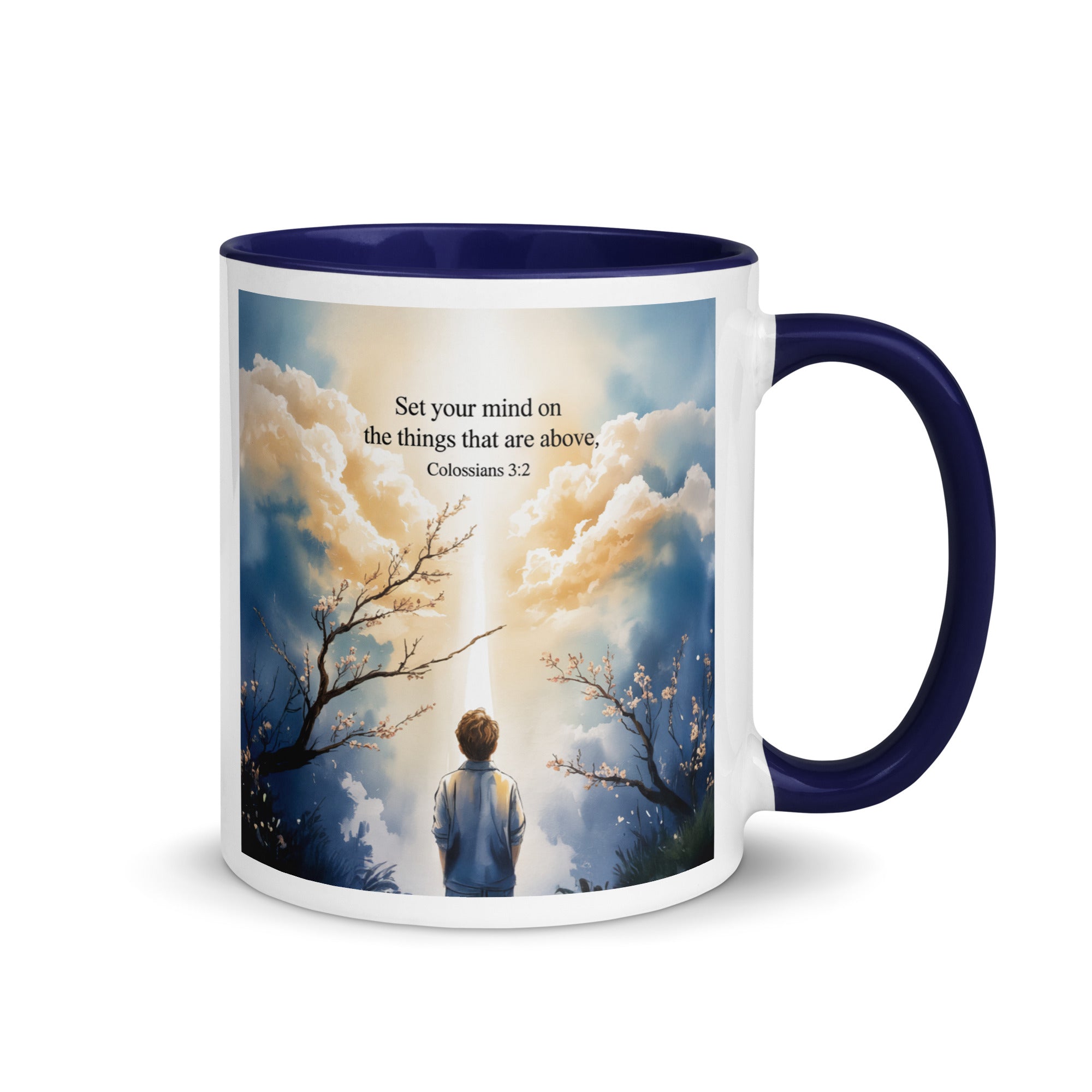 Colossians 3:2 Bible Verse the things White Ceramic Mug with Color Inside Dark Blue 11 oz