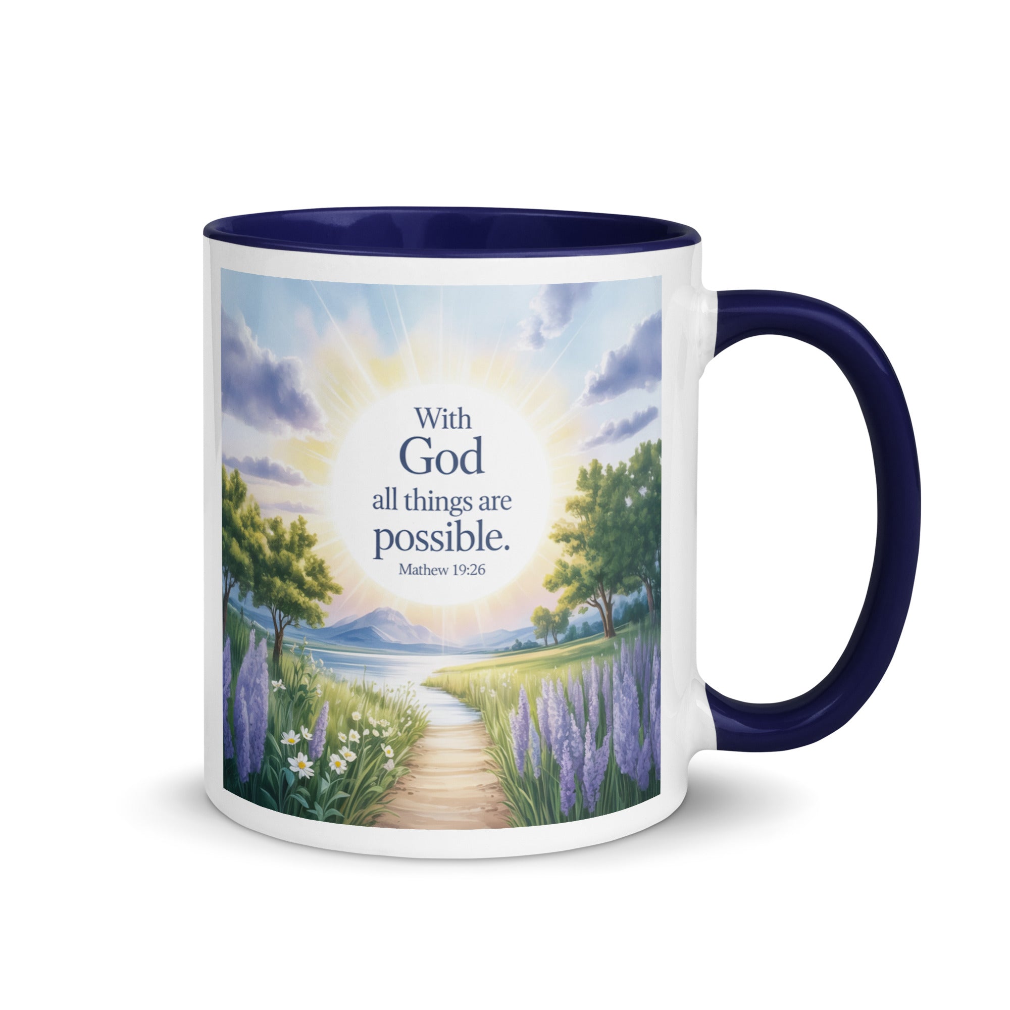 Matthew 19:26 Bible Verse Looking at White Ceramic Mug with Color Inside Dark Blue 11 oz