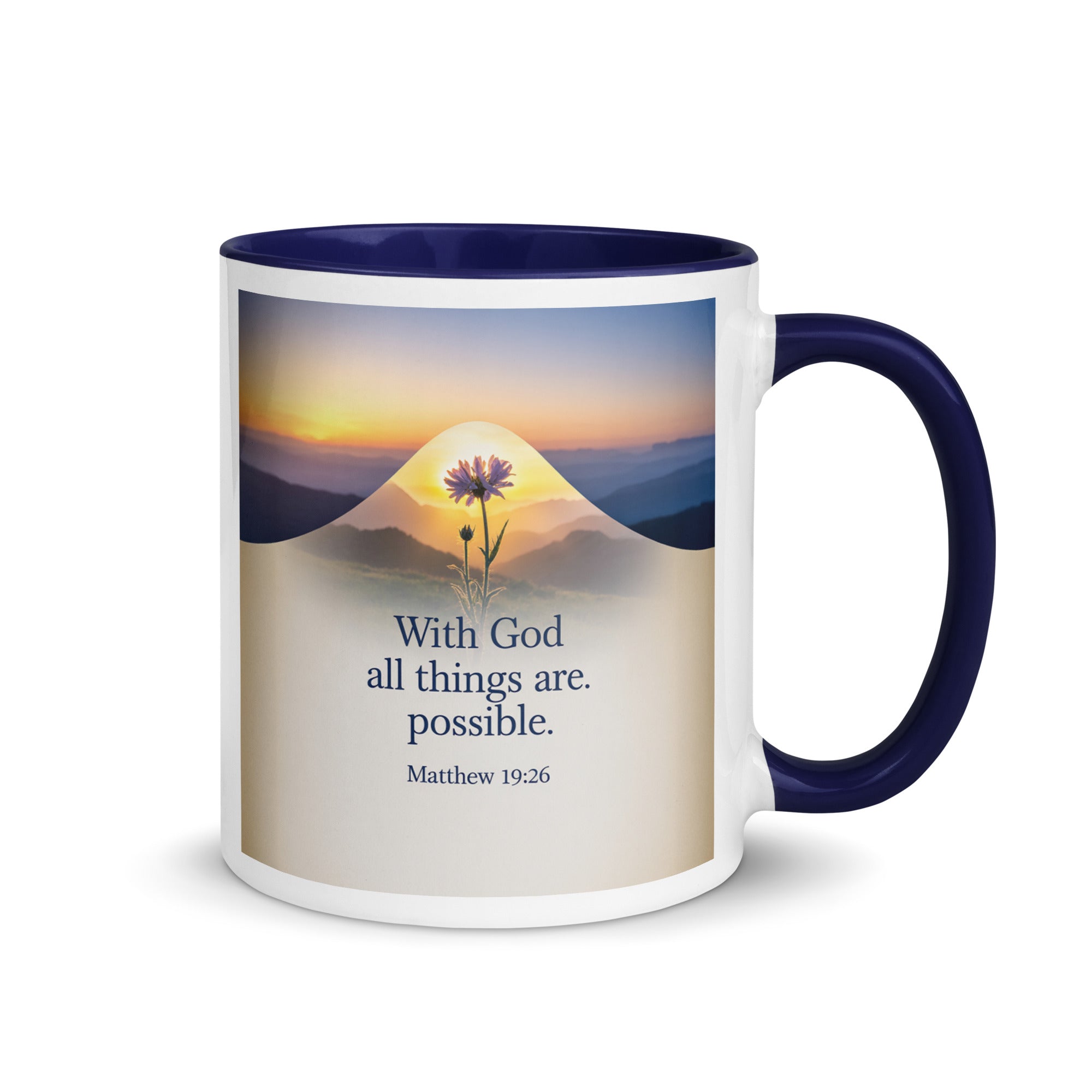 Matthew 19:26 Bible Verse at them White Ceramic Mug with Color Inside Dark Blue 11 oz