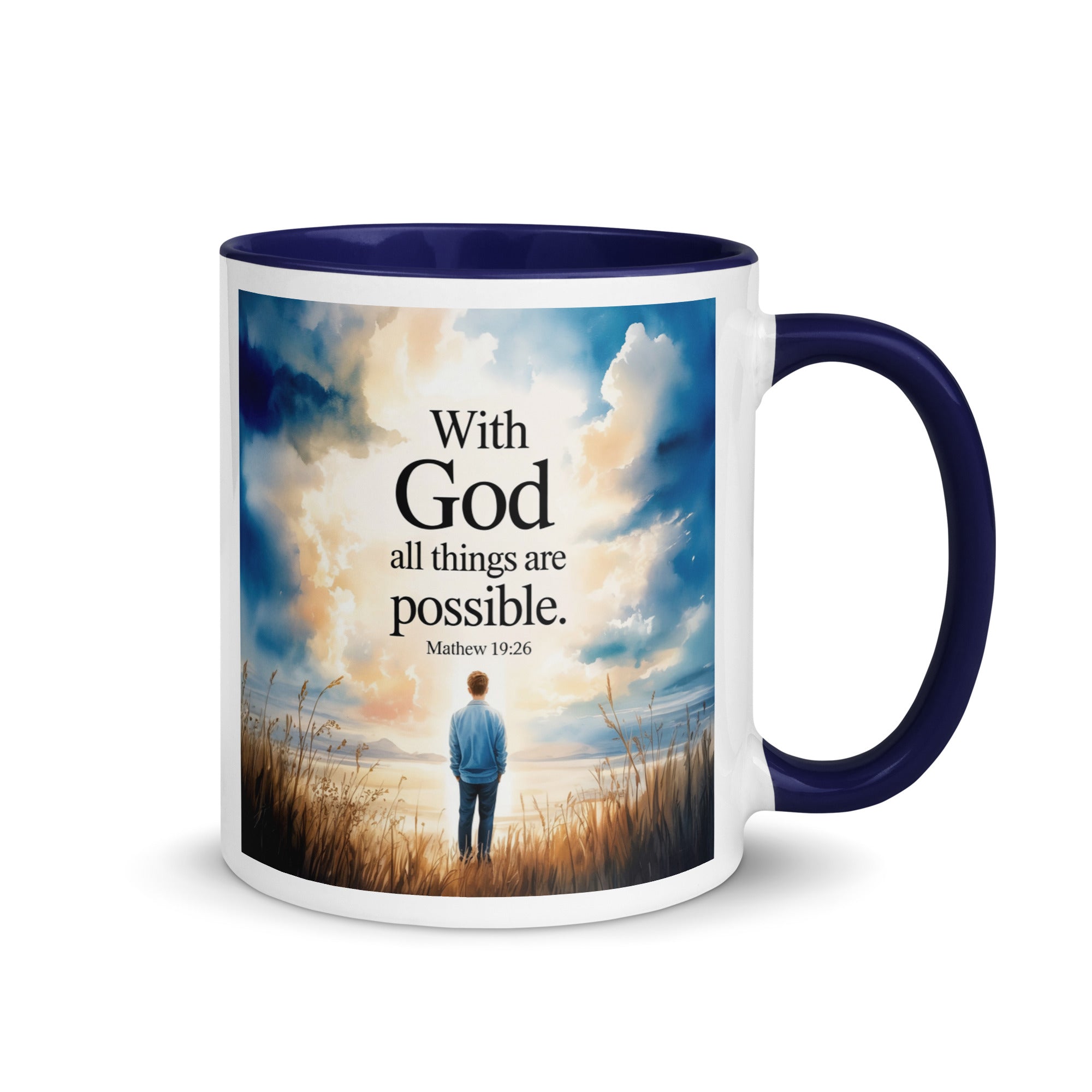 Matthew 19:26 Bible Verse Jesus White Ceramic Mug with Color Inside Dark Blue 11 oz