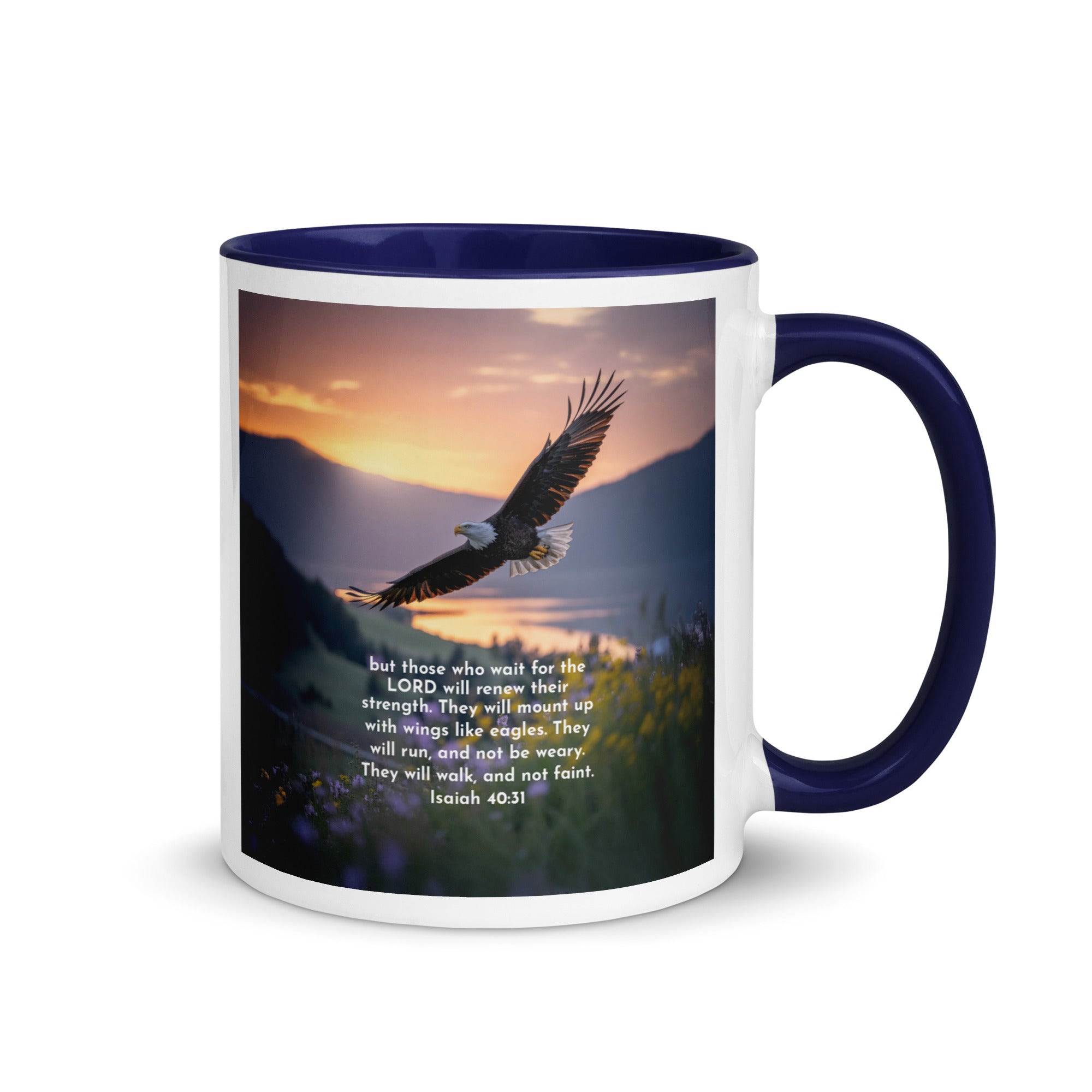 Isaiah 40:31 Bible Verse Renew Strength White Ceramic Mug with Color Inside Dark Blue 11 oz