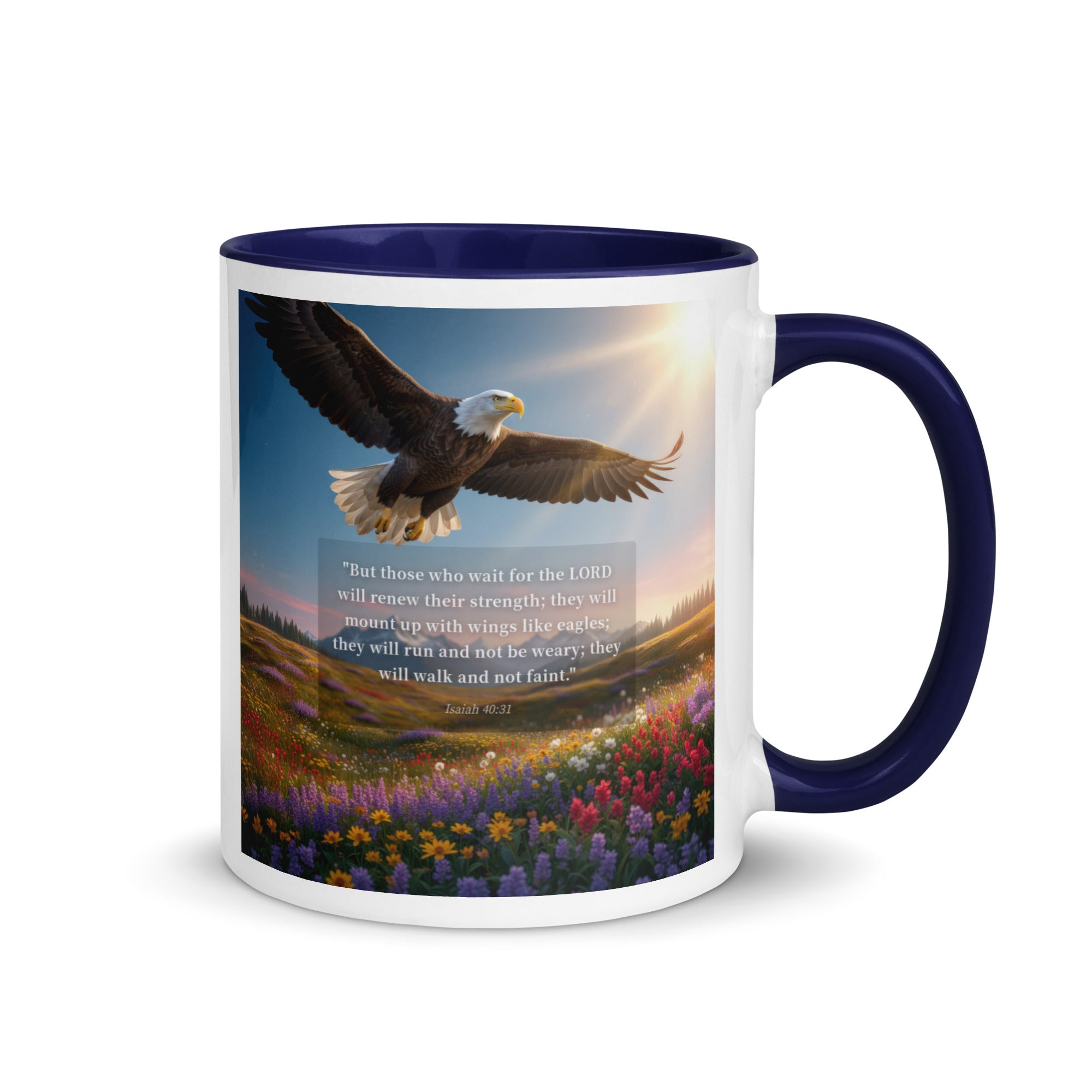 Isaiah 40:31 Bible Verse Who Wait White Ceramic Mug with Color Inside Dark Blue 11 oz