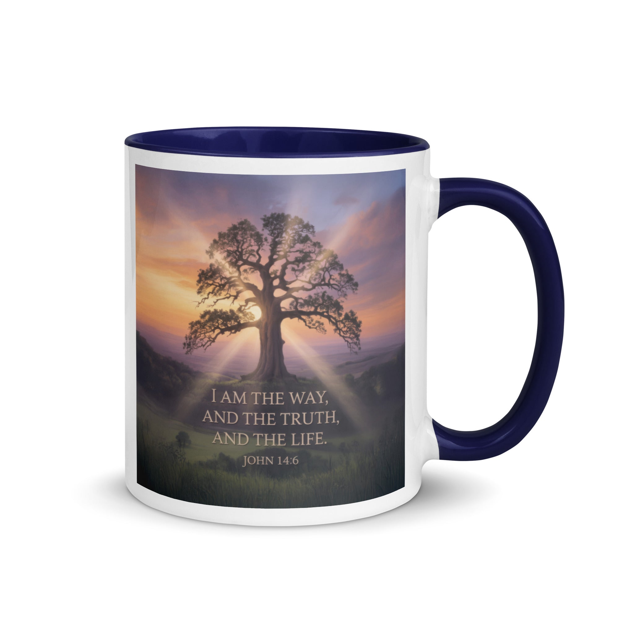 John 14:6 Bible Verse Jesus said White Ceramic Mug with Color Inside Dark Blue 11 oz