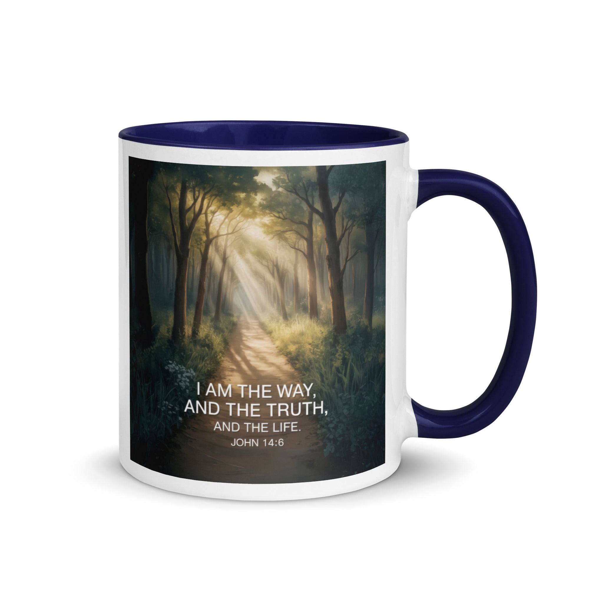 John 14:6 Bible Verse I Am White Ceramic Mug with Color Inside Dark Blue 11 oz