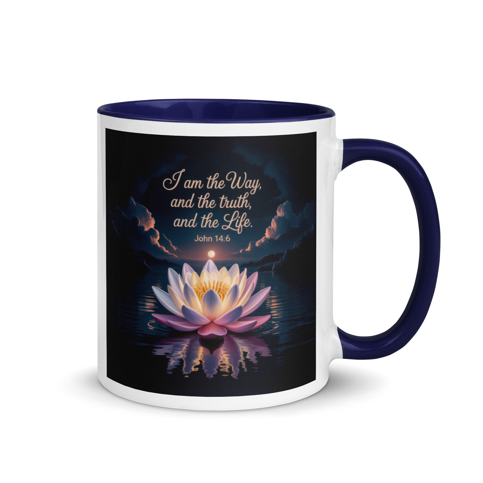 John 14:6 Bible Verse The Way White Ceramic Mug with Color Inside Dark Blue 11 oz