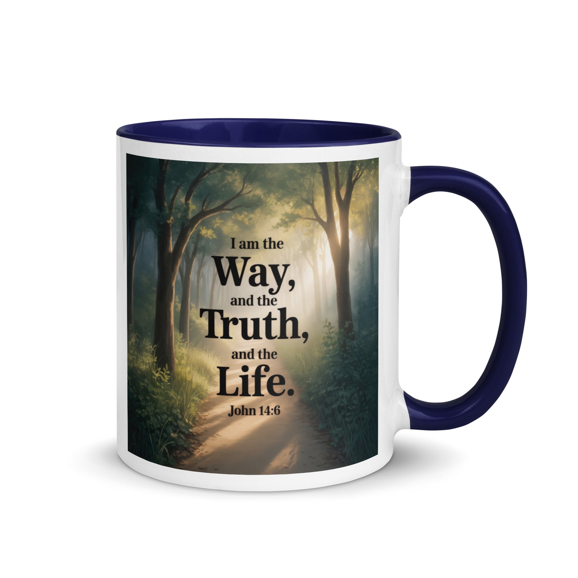 John 14:6 Bible Verse The Life White Ceramic Mug with Color Inside Dark Blue 11 oz