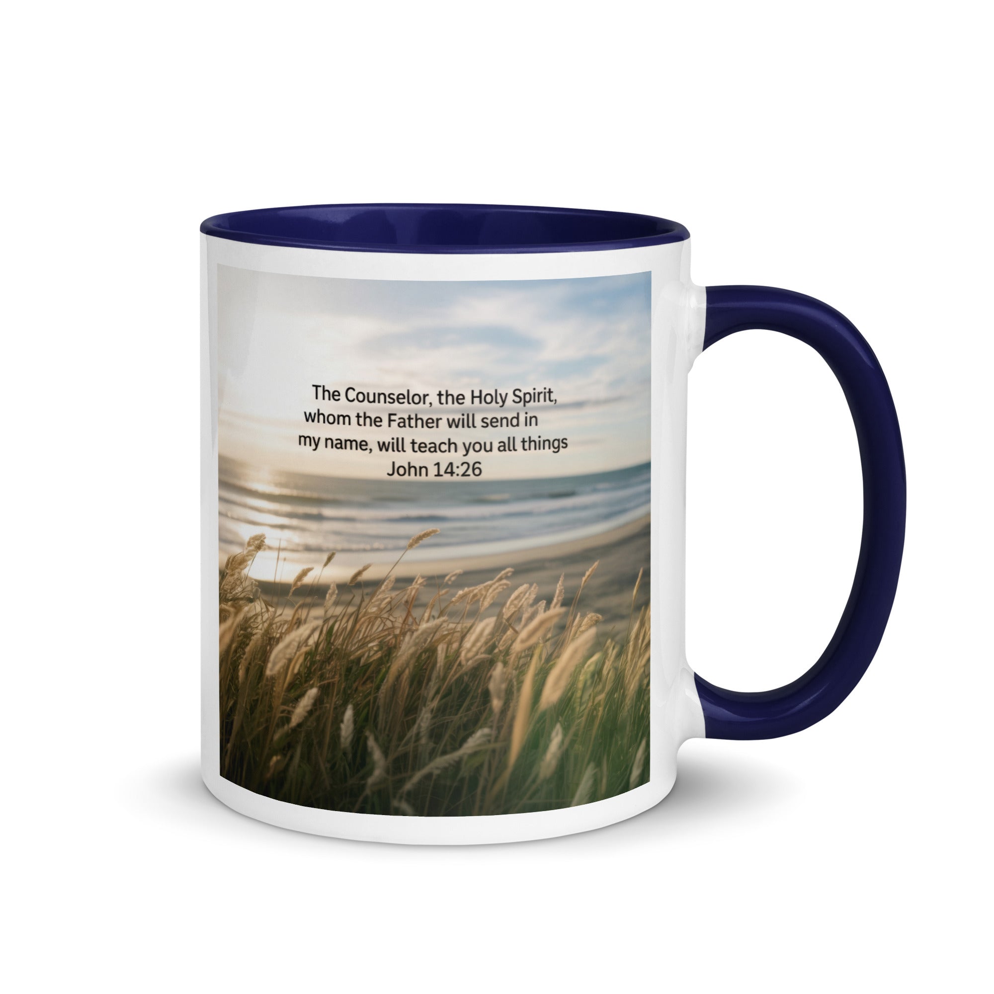 John 14:26 Bible Verse in my name White Ceramic Mug with Color Inside Dark Blue 11 oz