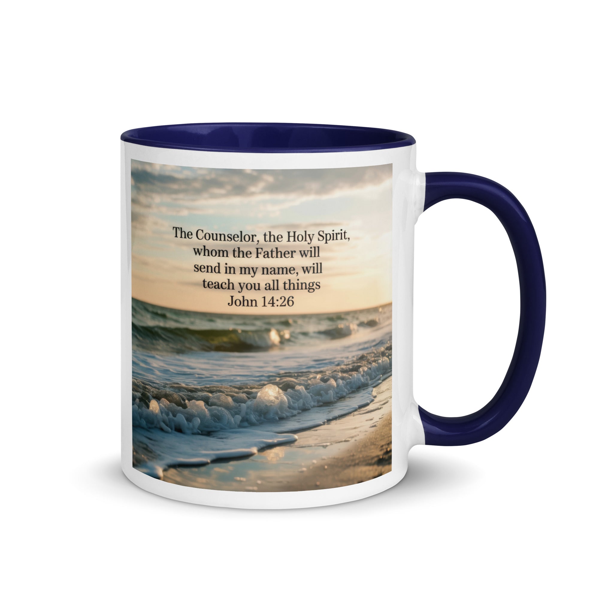 John 14:26 Bible Verse You All White Ceramic Mug with Color Inside Dark Blue 11 oz