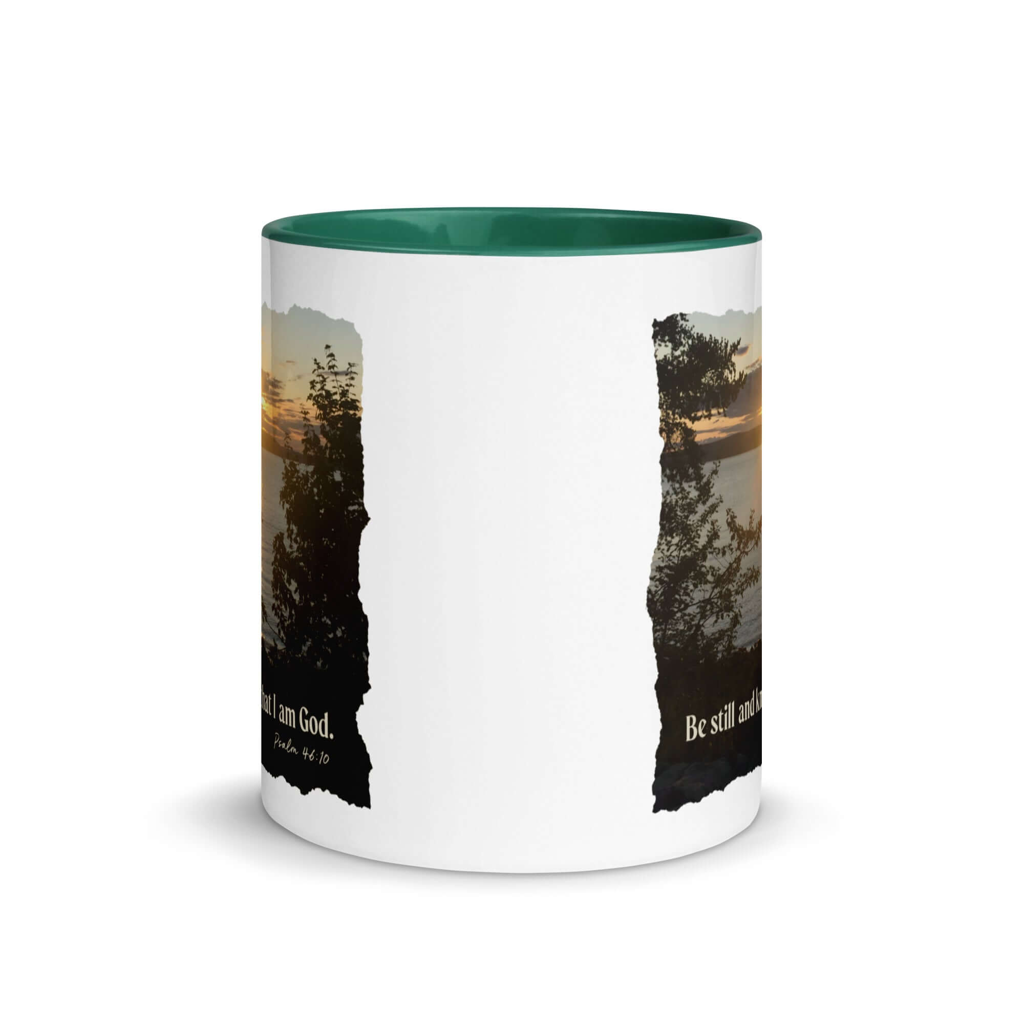 Psalm 46:10 Bible Verse, Sunset Glory White Ceramic Mug with Color Inside