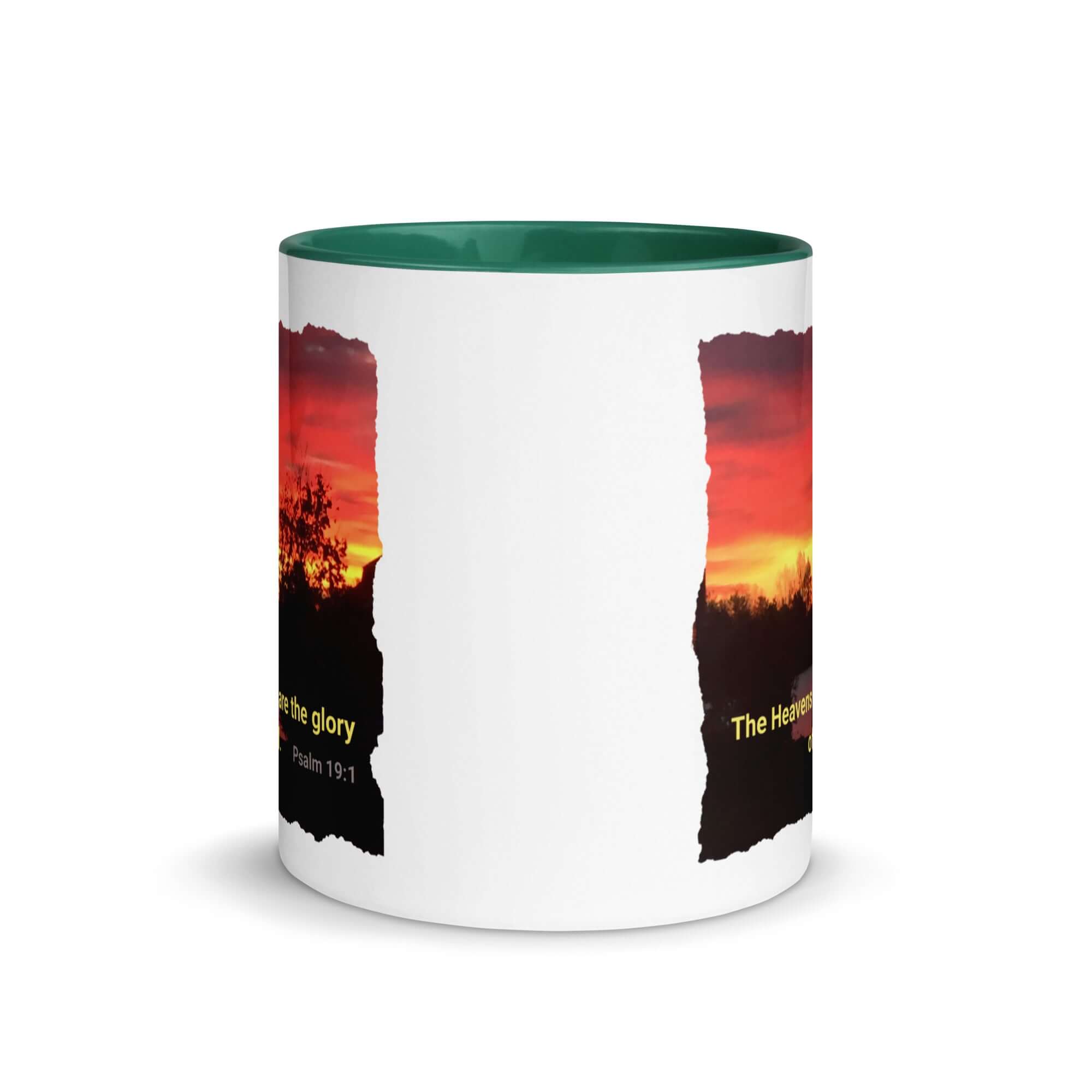 Psalm 19:1 Bible Verse, Sunset Glory White Ceramic Mug with Color Inside