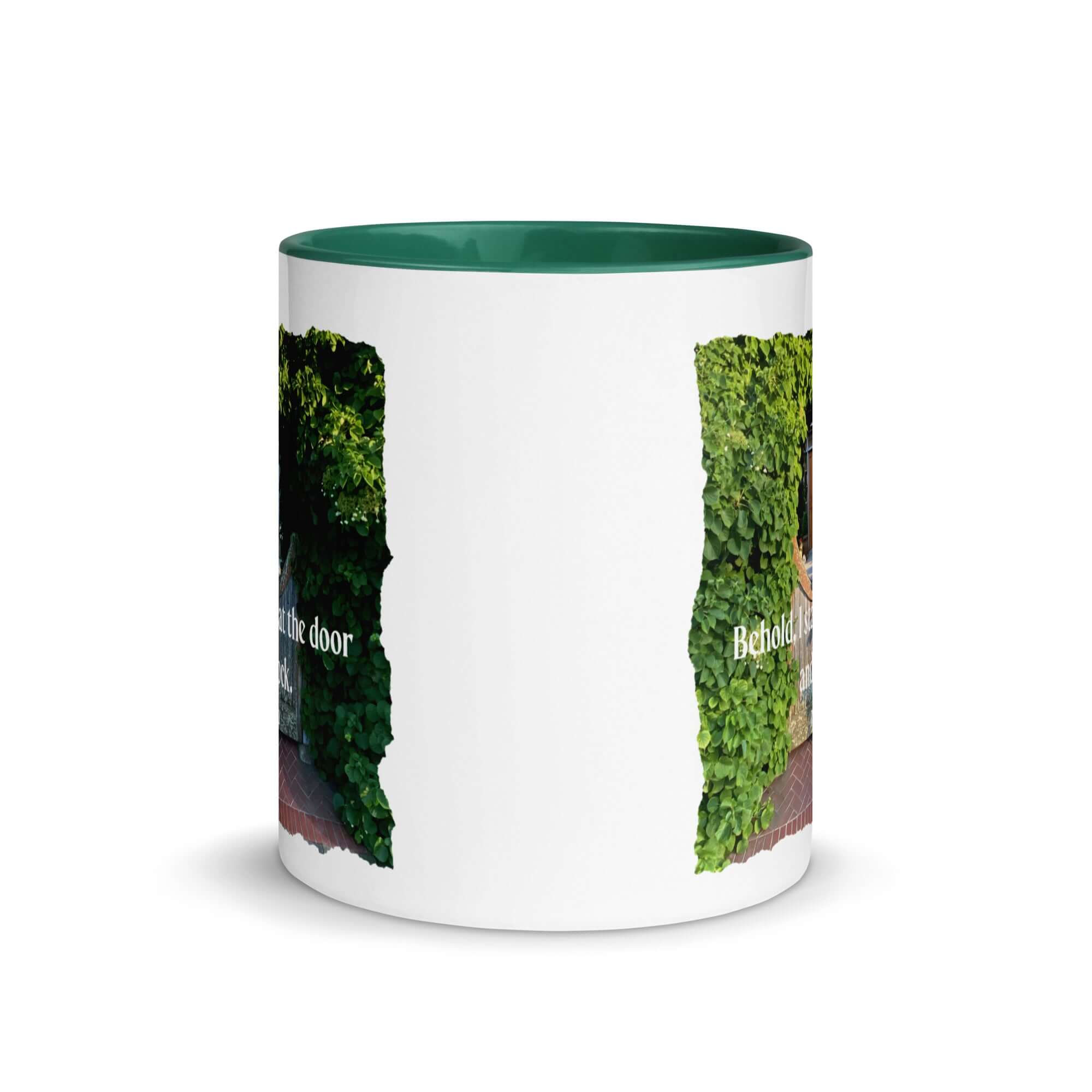 Revelation 3:20 Bible Verse, Garden Doorway White Ceramic Mug with Color Inside