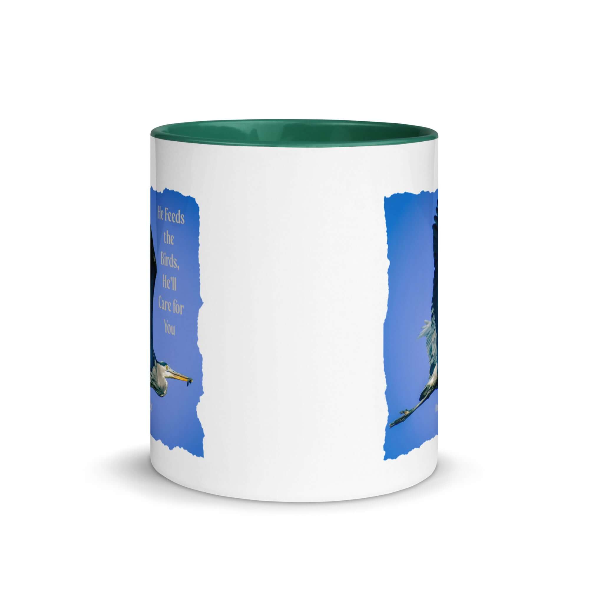Matthew 6:26 Graceful Heron, He'll Care for You White Ceramic Mug with Color Inside