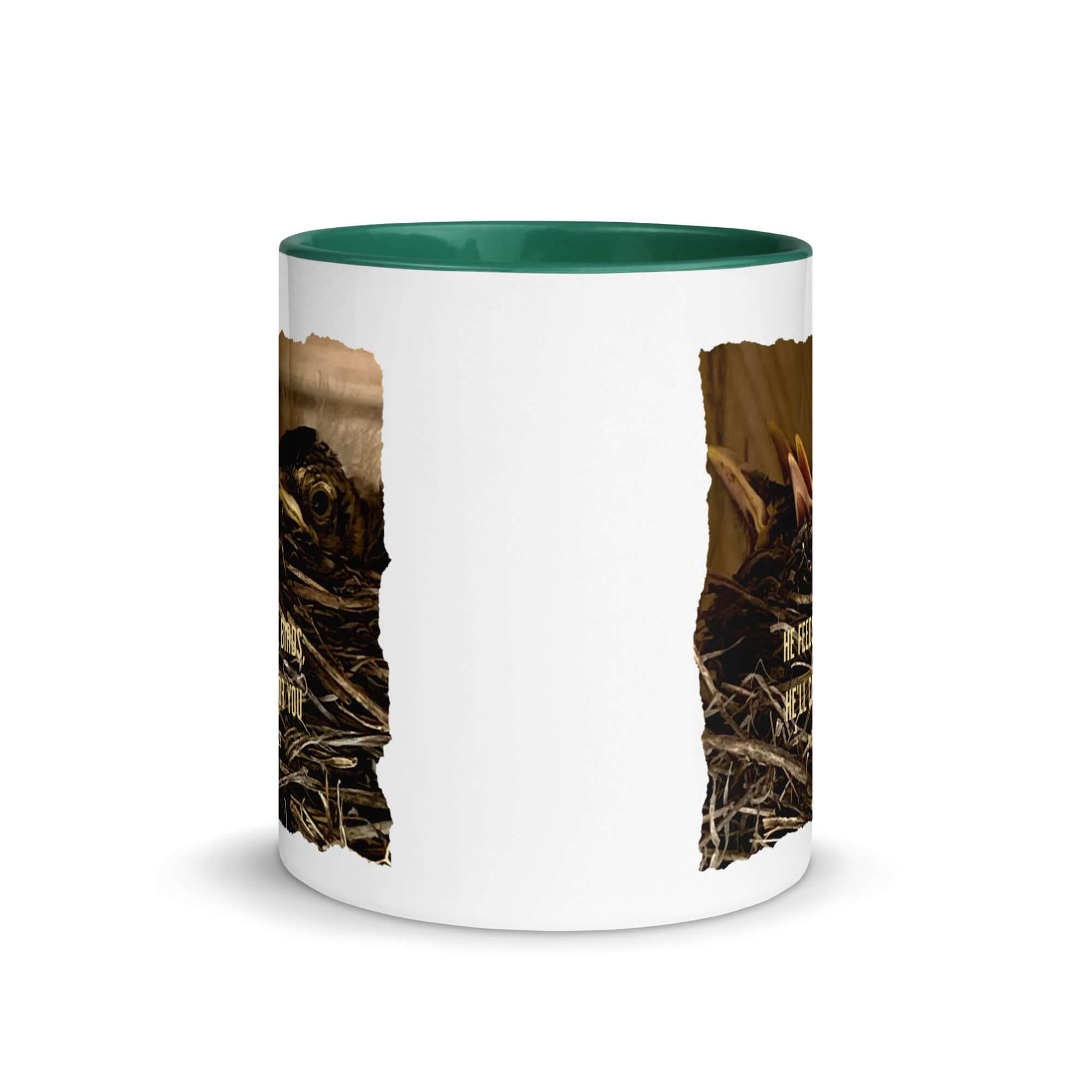Matthew 6:26 Baby Robins, He'll Care for You White Ceramic Mug with Color Inside