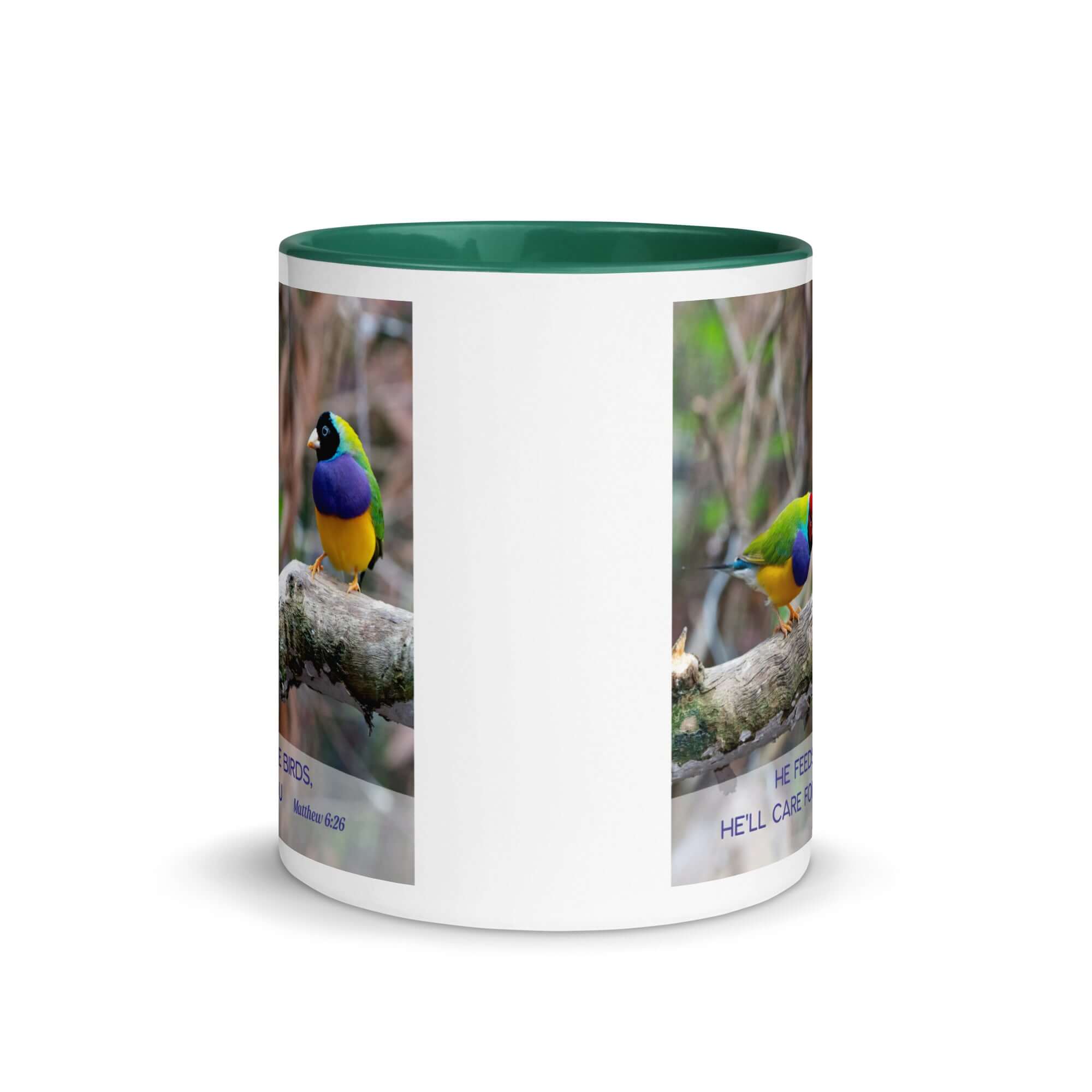 Matthew 6:26 Gouldian Finches, He'll Care for You White Ceramic Mug with Color Inside