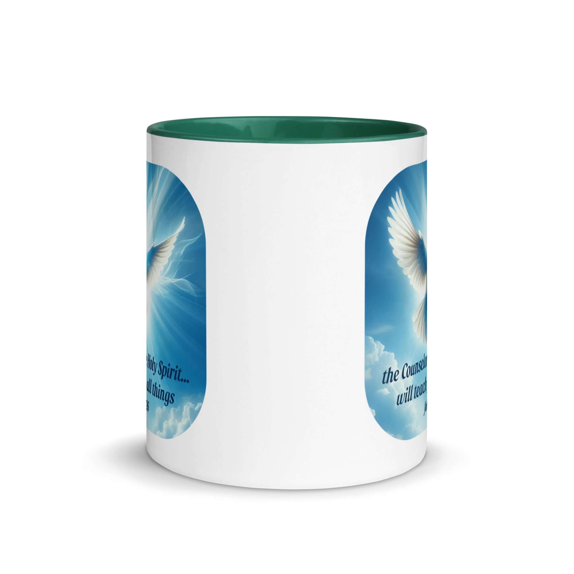 John 14:26 Bible Verse, Holy Spirit Dove White Ceramic Mug with Color Inside
