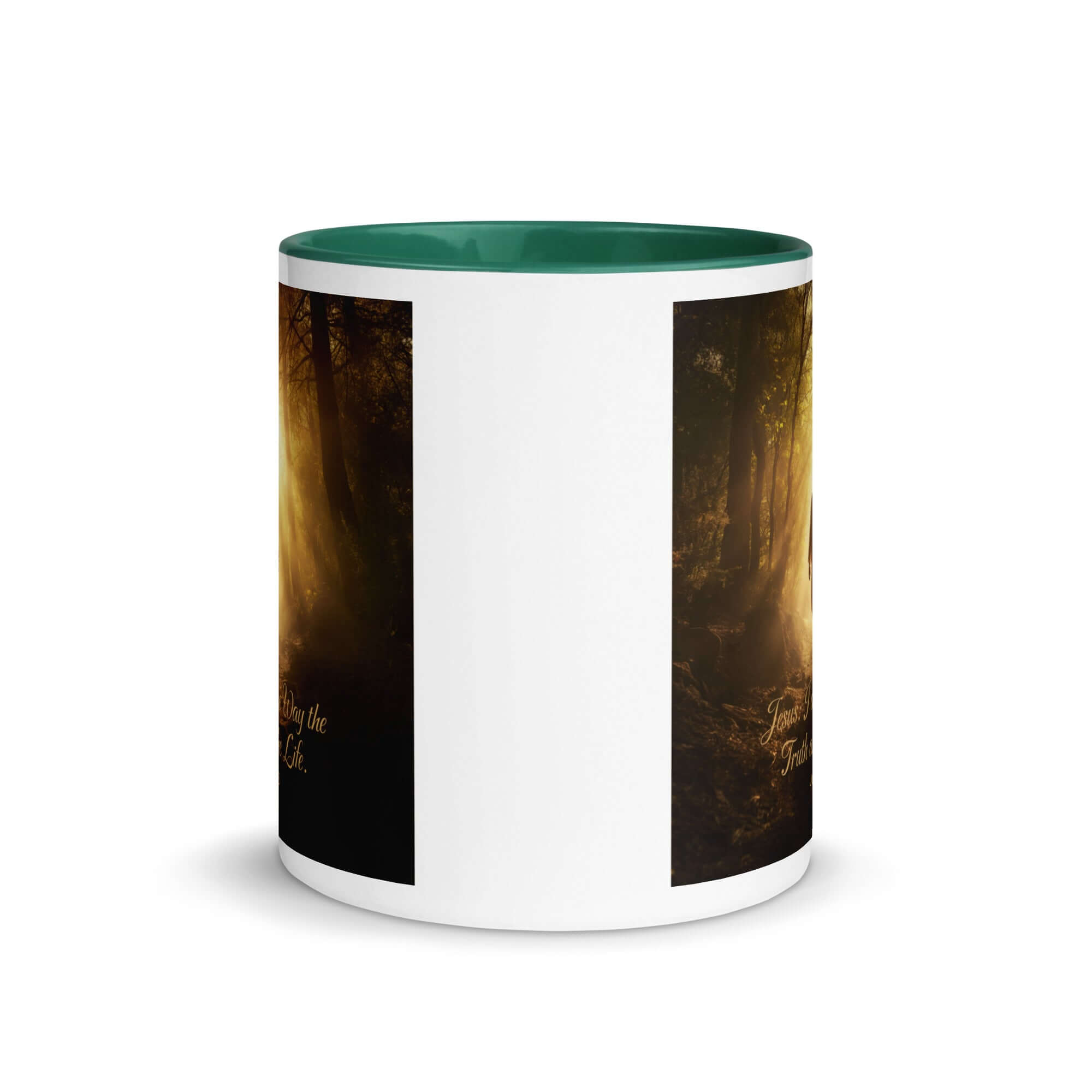 John 14:6 Bible Verse, Forest Image White Ceramic Mug with Color Inside